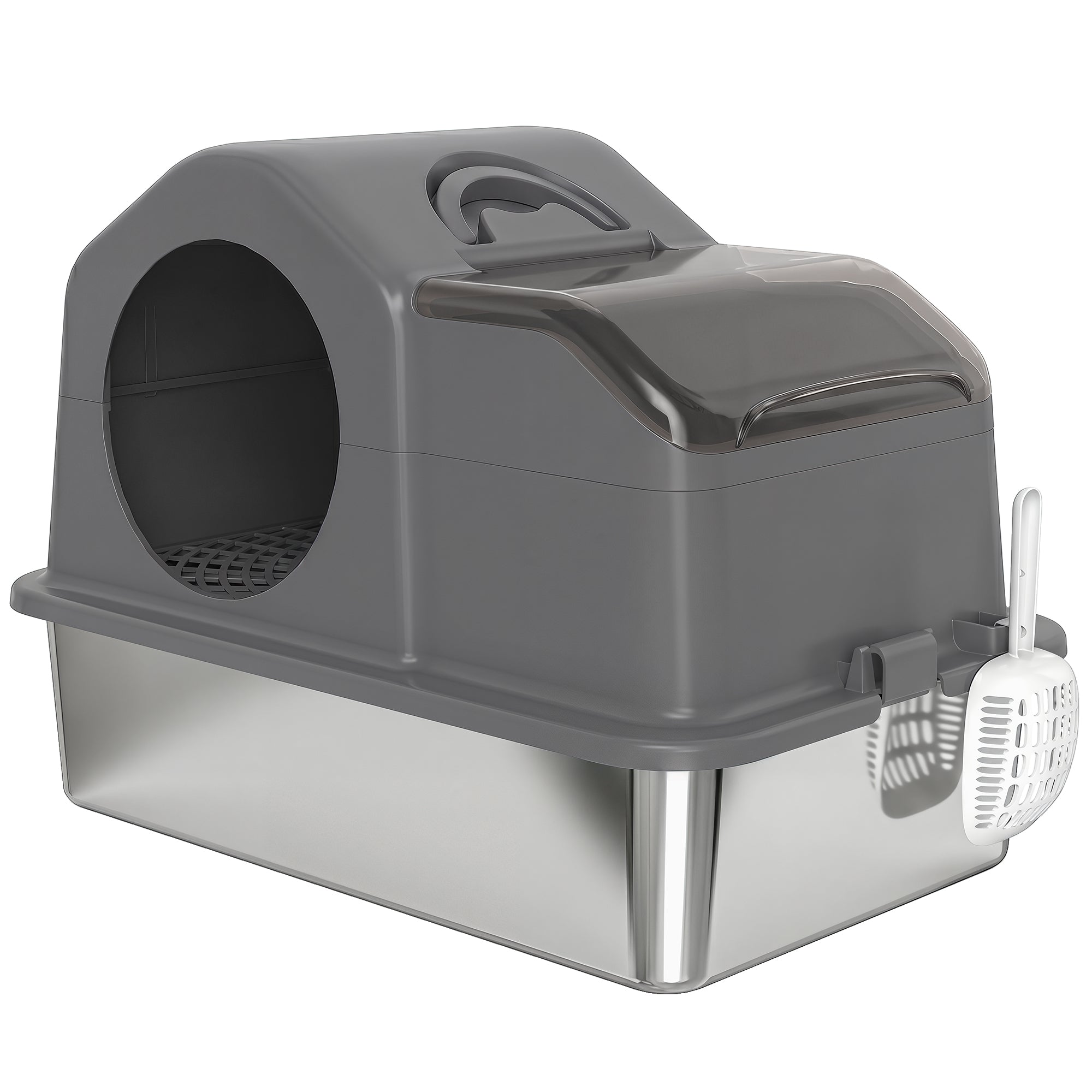 Stainless Steel Cat Litter Box with Removable Lid, Extra Large Enclosed Litter Box with High Sided, Scoop, Odor Free, Non-Sticky, Anti-Leakage, Easy Clean, Dark Grey