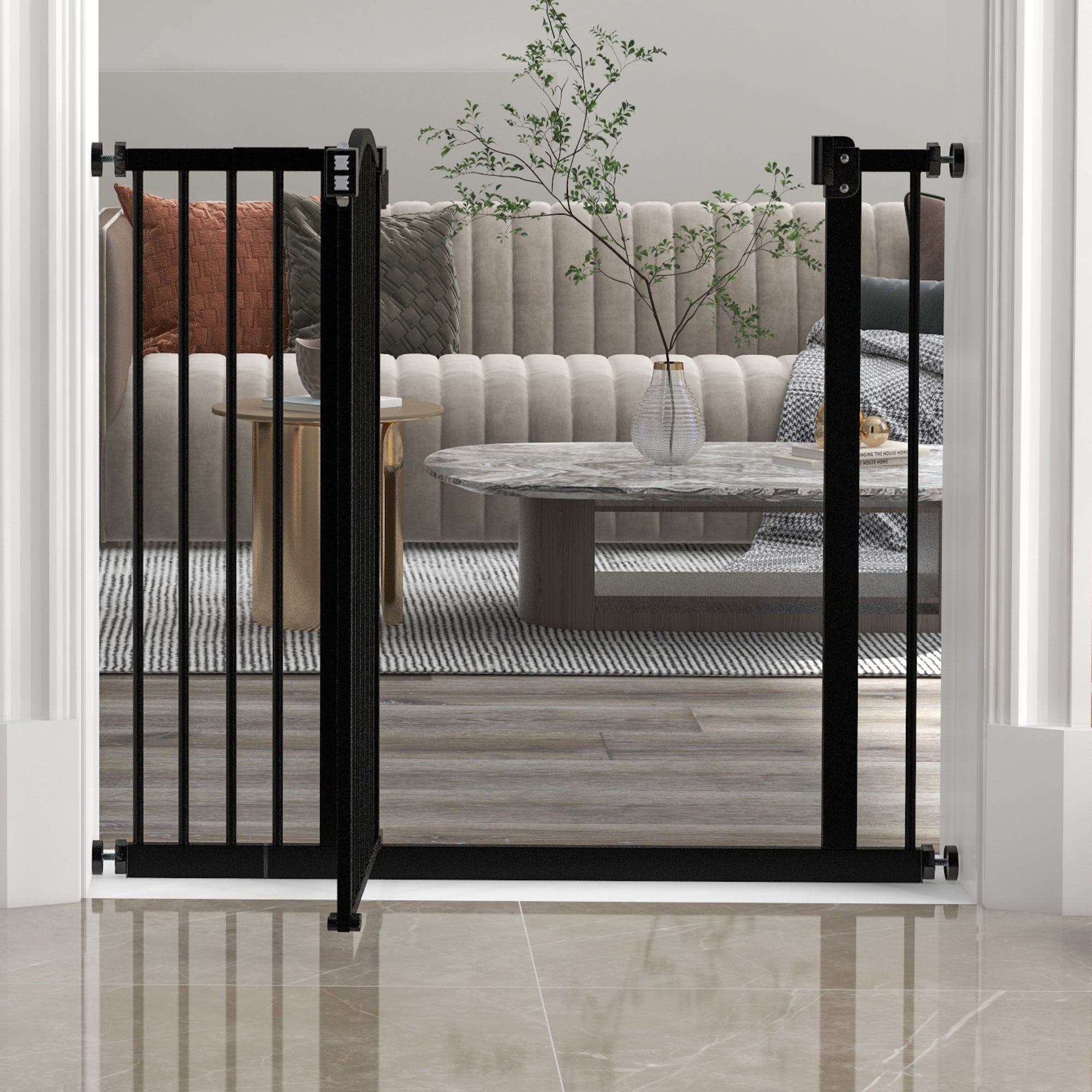 Pressure Fit Dog Stair Gate No Drilling Safety Gate Auto Close for Doorways, Hallways, 74-94cm Adjustable, 78cm Tall, Black