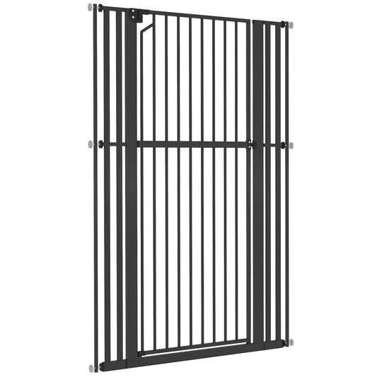 63" Extra Tall Pet Gate for Cats and Dogs, 30-41" Wide Adjustable Pressure Mounted Baby Gate for Doorways, Hallways, Stairs, Includes 2 Extensions, No Drilling, Auto Close