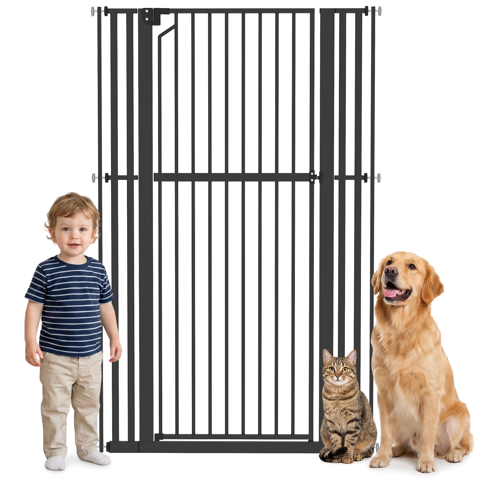 63" Extra Tall Pet Gate for Cats and Dogs, 30-41" Wide Adjustable Pressure Mounted Baby Gate for Doorways, Hallways, Stairs, Includes 2 Extensions, No Drilling, Auto Close