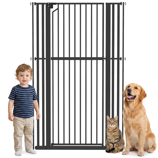 63" Extra Tall Pet Gate for Cats and Dogs, 30-41" Wide Adjustable Pressure Mounted Baby Gate for Doorways, Hallways, Stairs, Includes 2 Extensions, No Drilling, Auto Close
