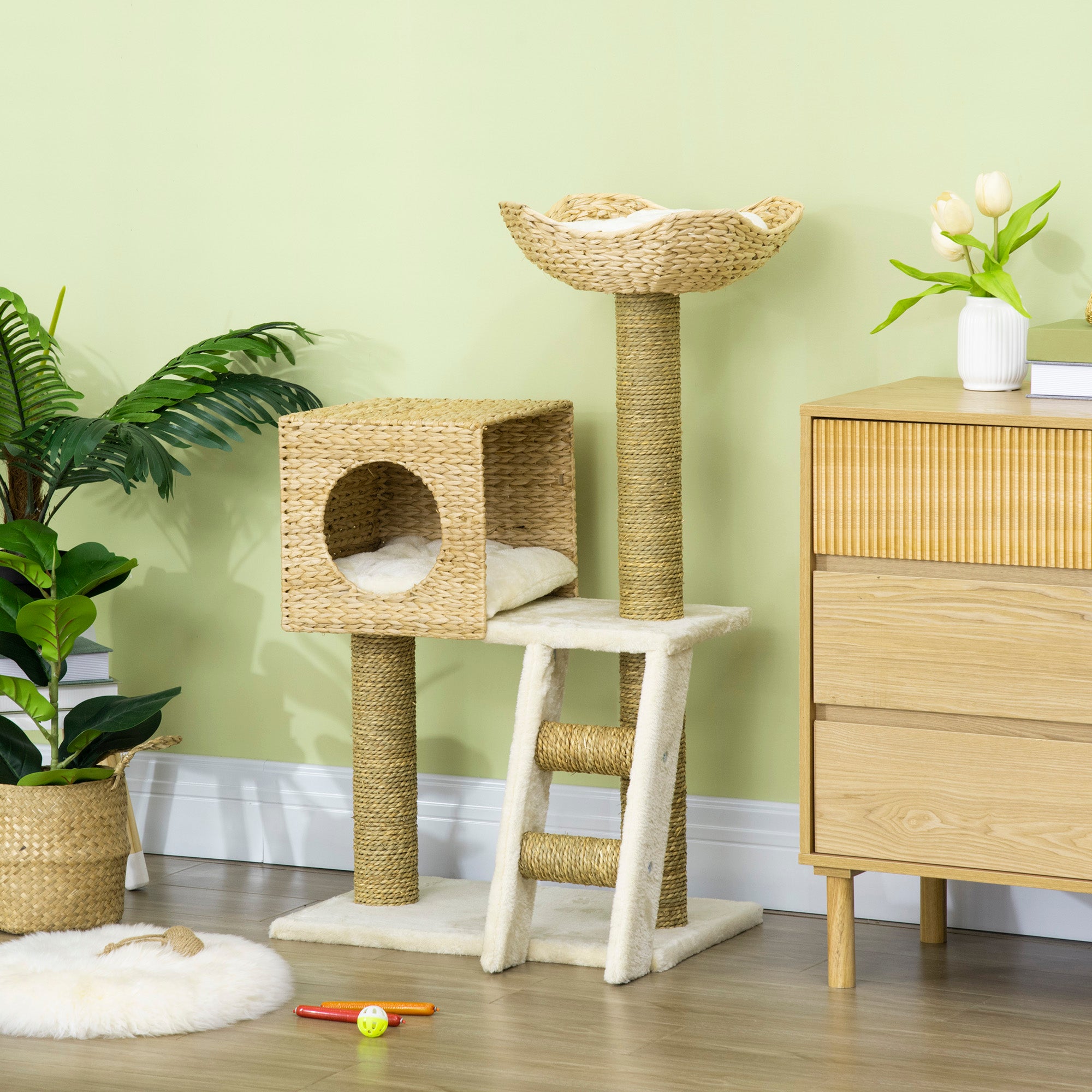 Cattail Weave Cat Tree for Indoor Cats Kitty Tower with Rattan Cat Condo, Wicker Bed, Ladder, Washable Cushions, 22.5" x 14.5" x 39.5", Natural