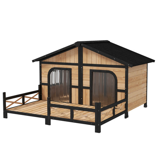 PawHut Dog House Outdoor, Wooden Dog Kennel Weatherproof with Porch, Double Room, Openable Roof, Removable Bottom, Elevated Floor, for Small to Medium Dogs, Natural