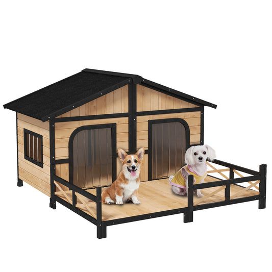 PawHut Dog House Outdoor, Wooden Dog Kennel Weatherproof with Porch, Double Room, Openable Roof, Removable Bottom, Elevated Floor, for Small to Medium Dogs, Natural