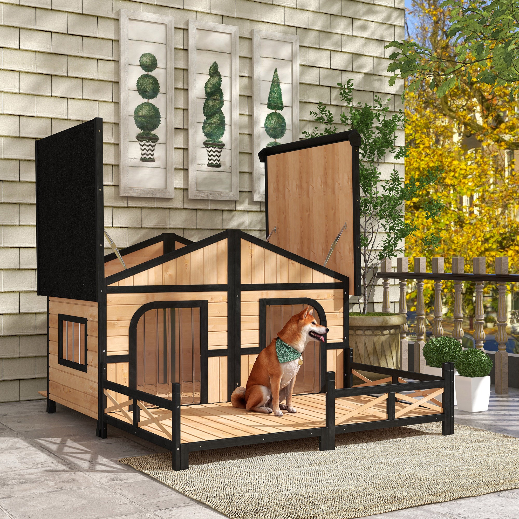 Dog House Outdoor, Extra Large Luxury Elevated Pet Bed for 2 Small Medium Dogs, Waterproof Dog Shelter with Porch Deck, 59" x 64" x 39", Natural Wood