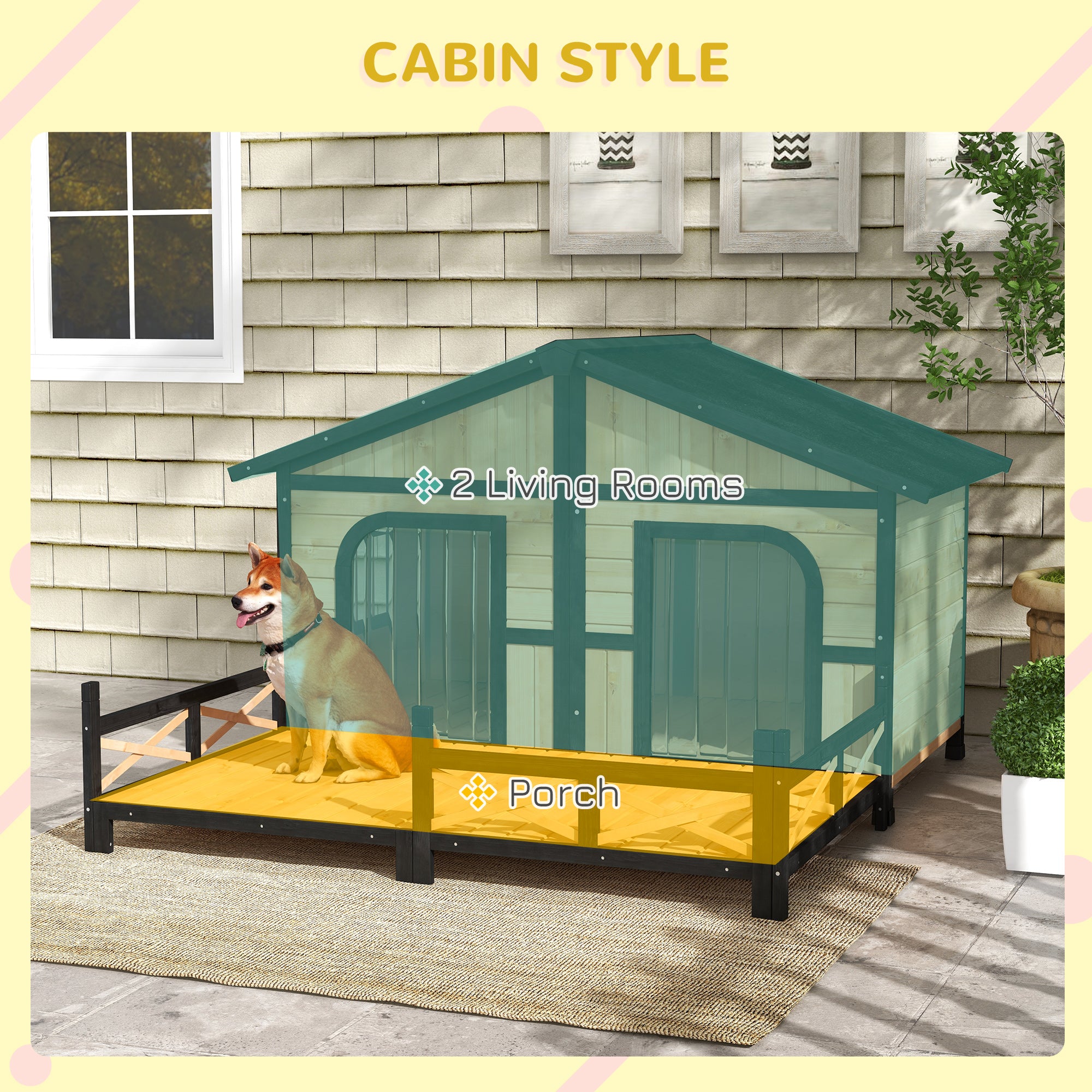 Dog House Outdoor, Extra Large Luxury Elevated Pet Bed for 2 Small Medium Dogs, Waterproof Dog Shelter with Porch Deck, 59" x 64" x 39", Natural Wood