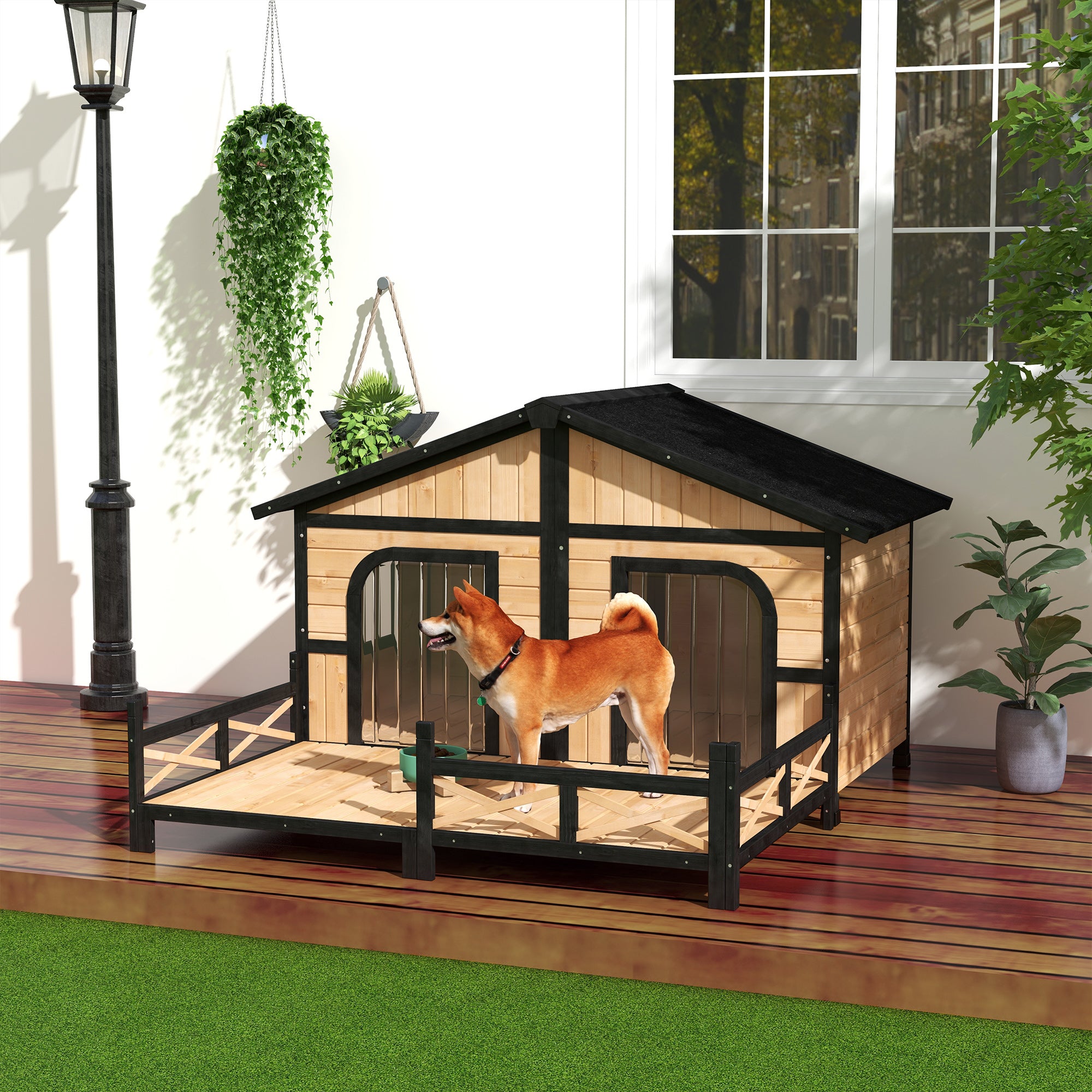 Dog House Outdoor, Extra Large Luxury Elevated Pet Bed for 2 Small Medium Dogs, Waterproof Dog Shelter with Porch Deck, 59" x 64" x 39", Natural Wood