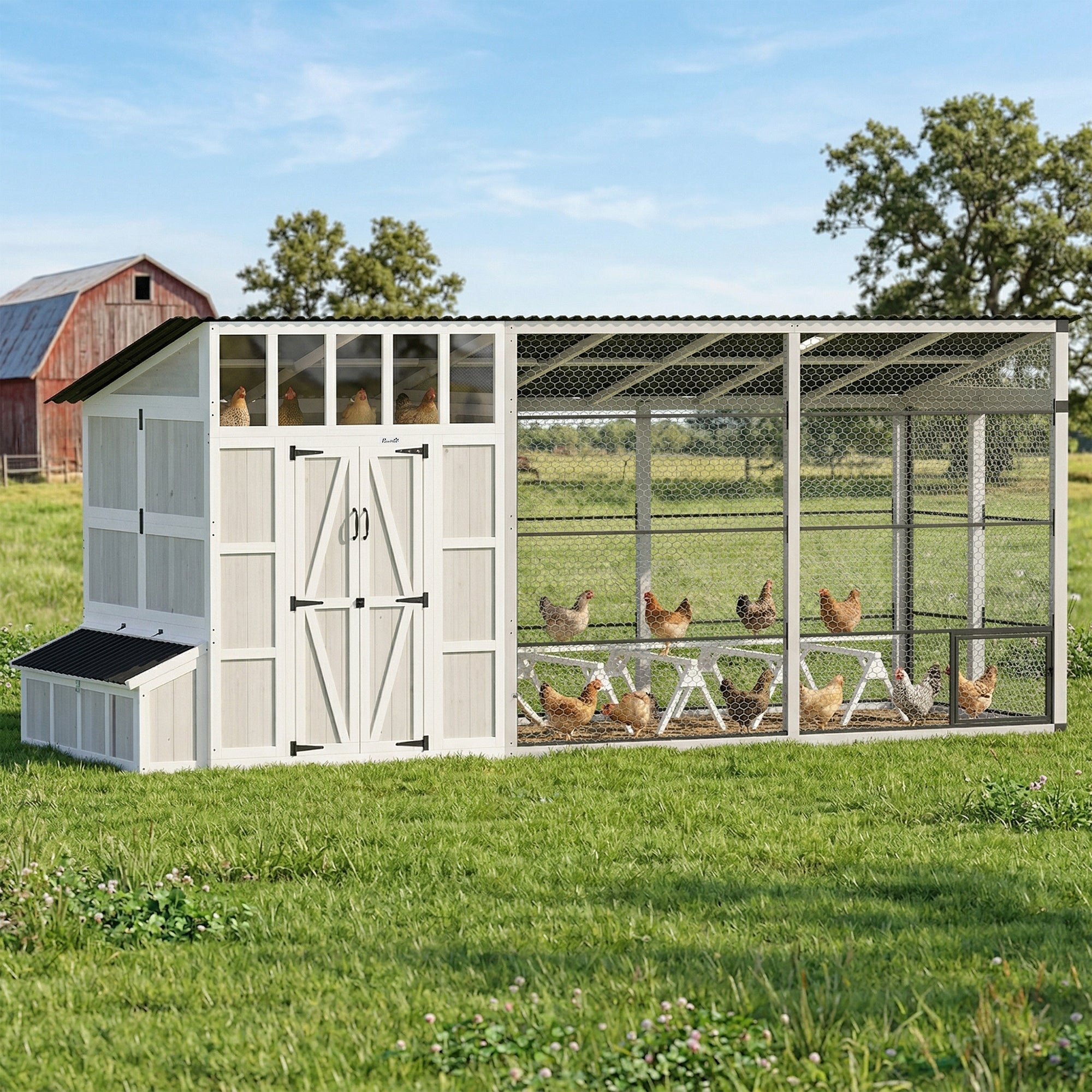 212"L Large Chicken Coop for 10-15 Hens, Walk-in Outdoor Chicken House with Run, Nesting Box, Waterproof Roof, Perches, Wooden Hen House Poultry Cage for Ducks, Rabbits, Light Gray