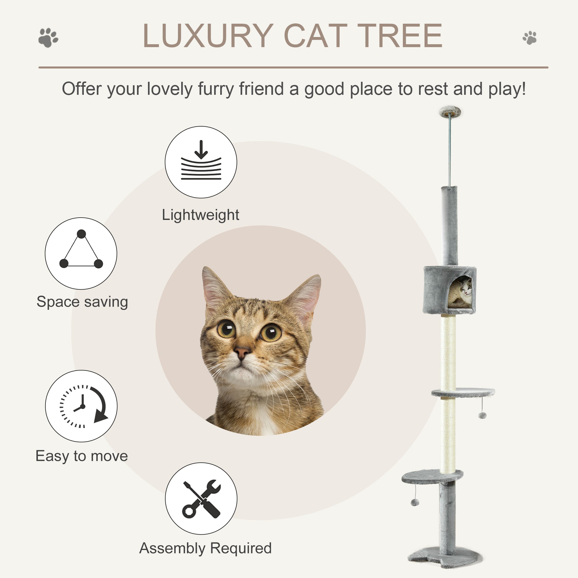 4-Tier Floor to Ceiling Cat Tree, Tall Cat Tower with Scratching Post, Plush Padding, Toy Ball, Cat Condo for Indoor Cats, Light Grey