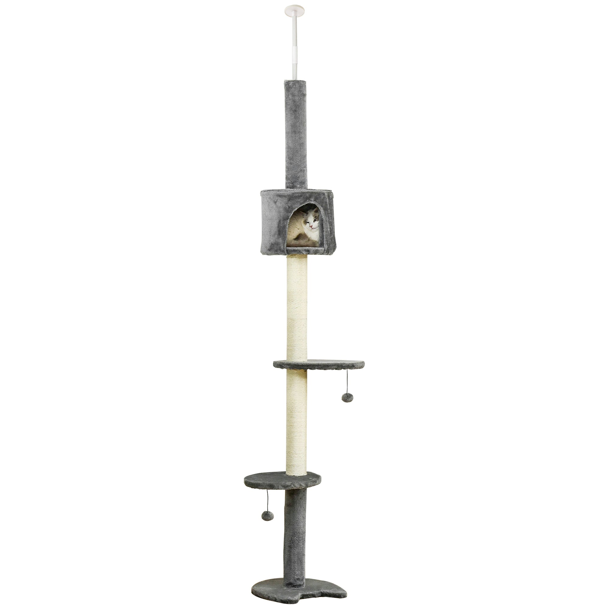 4-Tier Floor to Ceiling Cat Tree, Tall Cat Tower with Scratching Post, Plush Padding, Toy Ball, Cat Condo for Indoor Cats, Light Grey