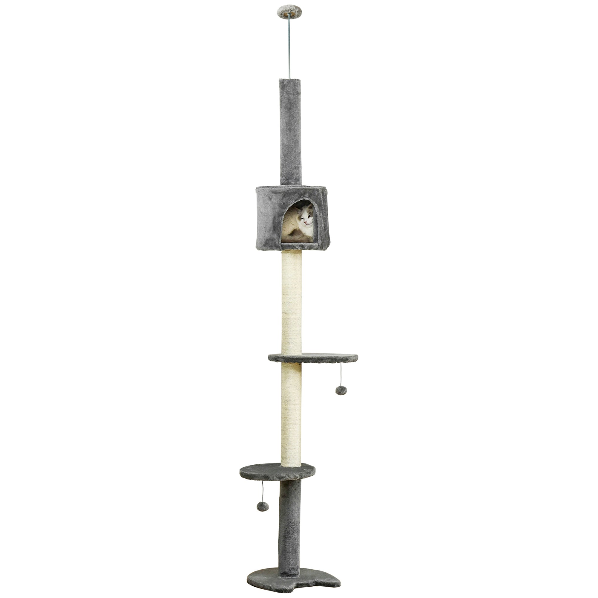 4-Tier Floor to Ceiling Cat Tree, Tall Cat Tower with Scratching Post, Plush Padding, Toy Ball, Cat Condo for Indoor Cats, Light Grey