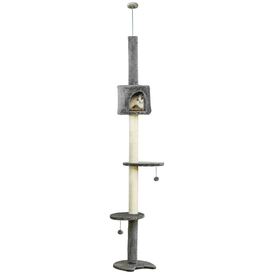 4-Tier Floor to Ceiling Cat Tree, Tall Cat Tower with Scratching Post, Plush Padding, Toy Ball, Cat Condo for Indoor Cats, Light Grey