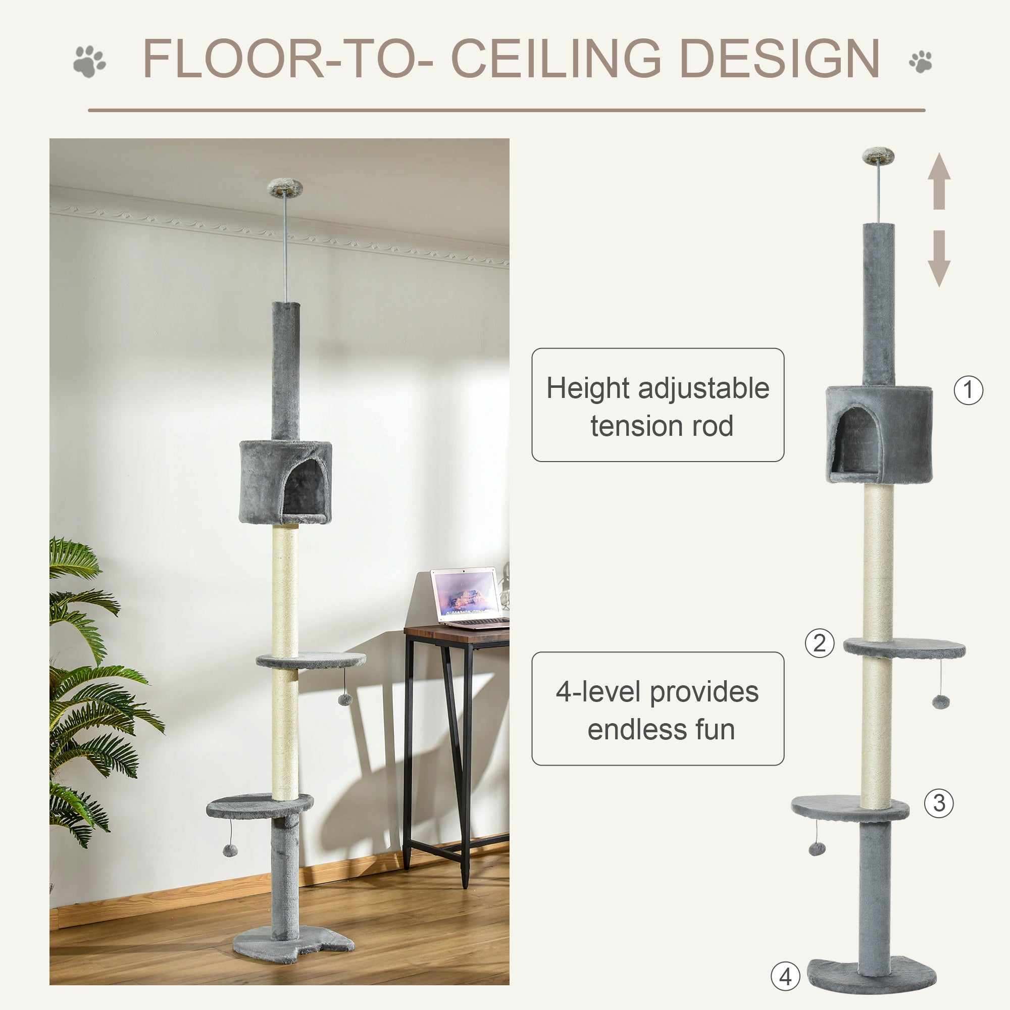 4-Tier Floor to Ceiling Cat Tree, Tall Cat Tower with Scratching Post, Plush Padding, Toy Ball, Cat Condo for Indoor Cats, Light Grey