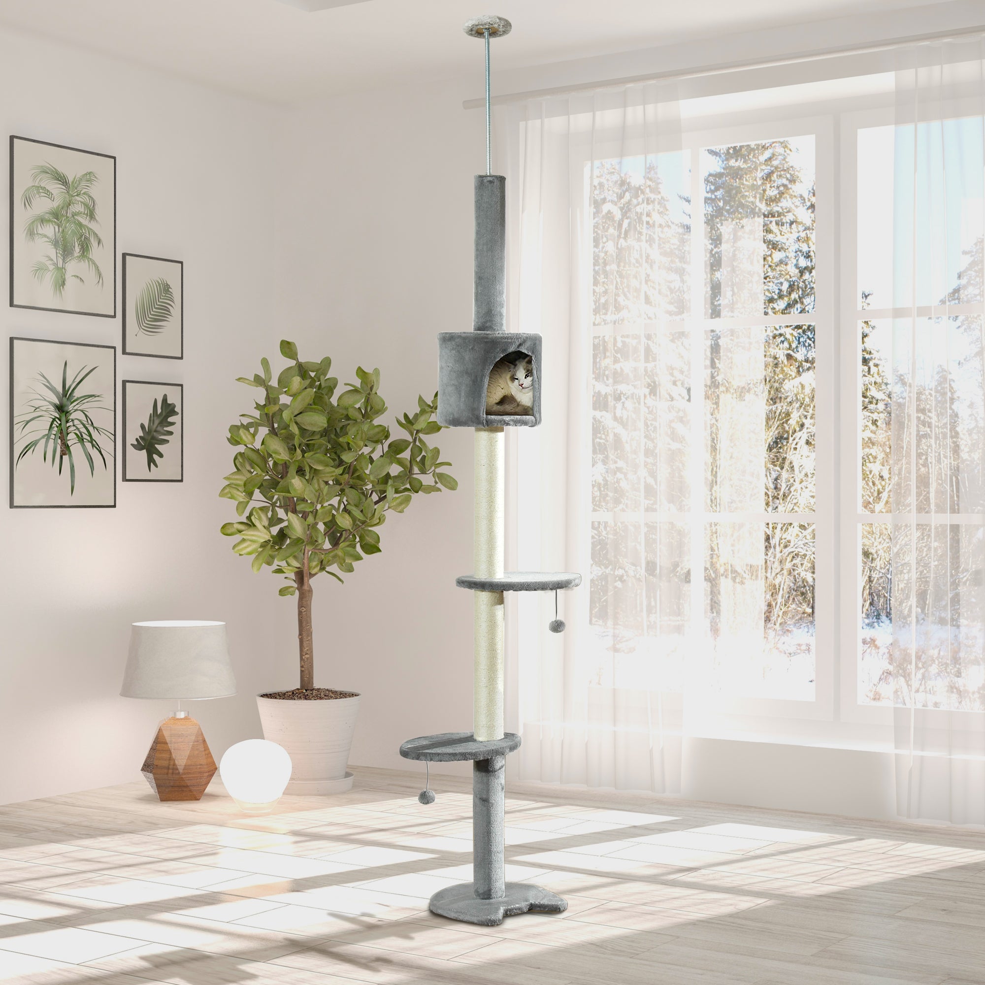 4-Tier Floor to Ceiling Cat Tree, Tall Cat Tower with Scratching Post, Plush Padding, Toy Ball, Cat Condo for Indoor Cats, Light Grey