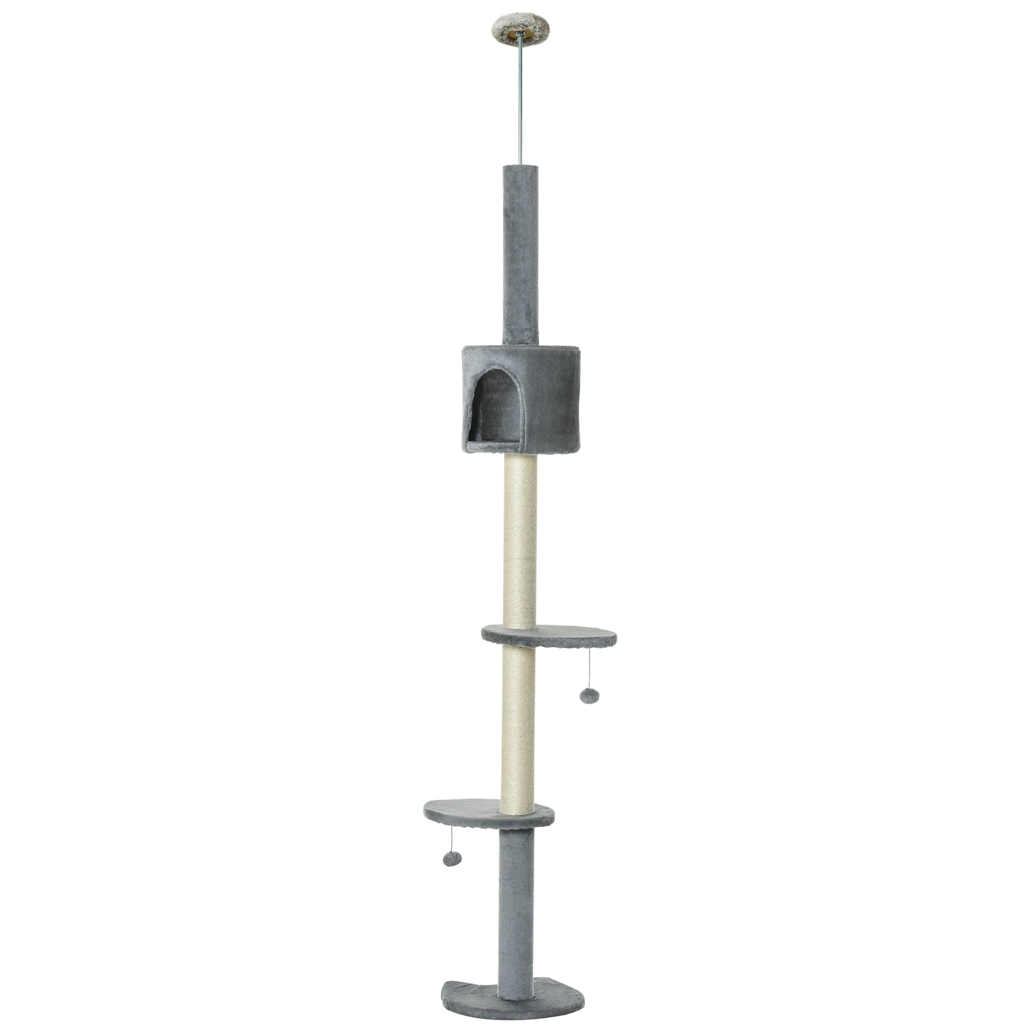 4-Tier Floor to Ceiling Cat Tree, Tall Cat Tower with Scratching Post, Plush Padding, Toy Ball, Cat Condo for Indoor Cats, Light Grey