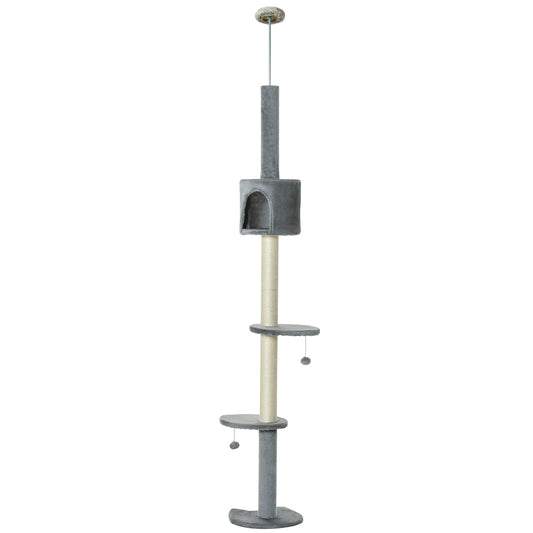 4-Tier Floor to Ceiling Cat Tree, Tall Cat Tower with Scratching Post, Plush Padding, Toy Ball, Cat Condo for Indoor Cats, Light Grey
