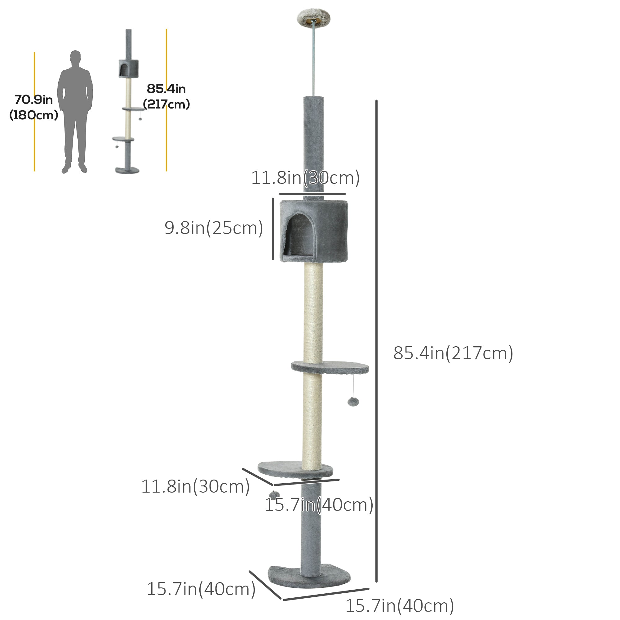4-Tier Floor to Ceiling Cat Tree, Tall Cat Tower with Scratching Post, Plush Padding, Toy Ball, Cat Condo for Indoor Cats, Light Grey