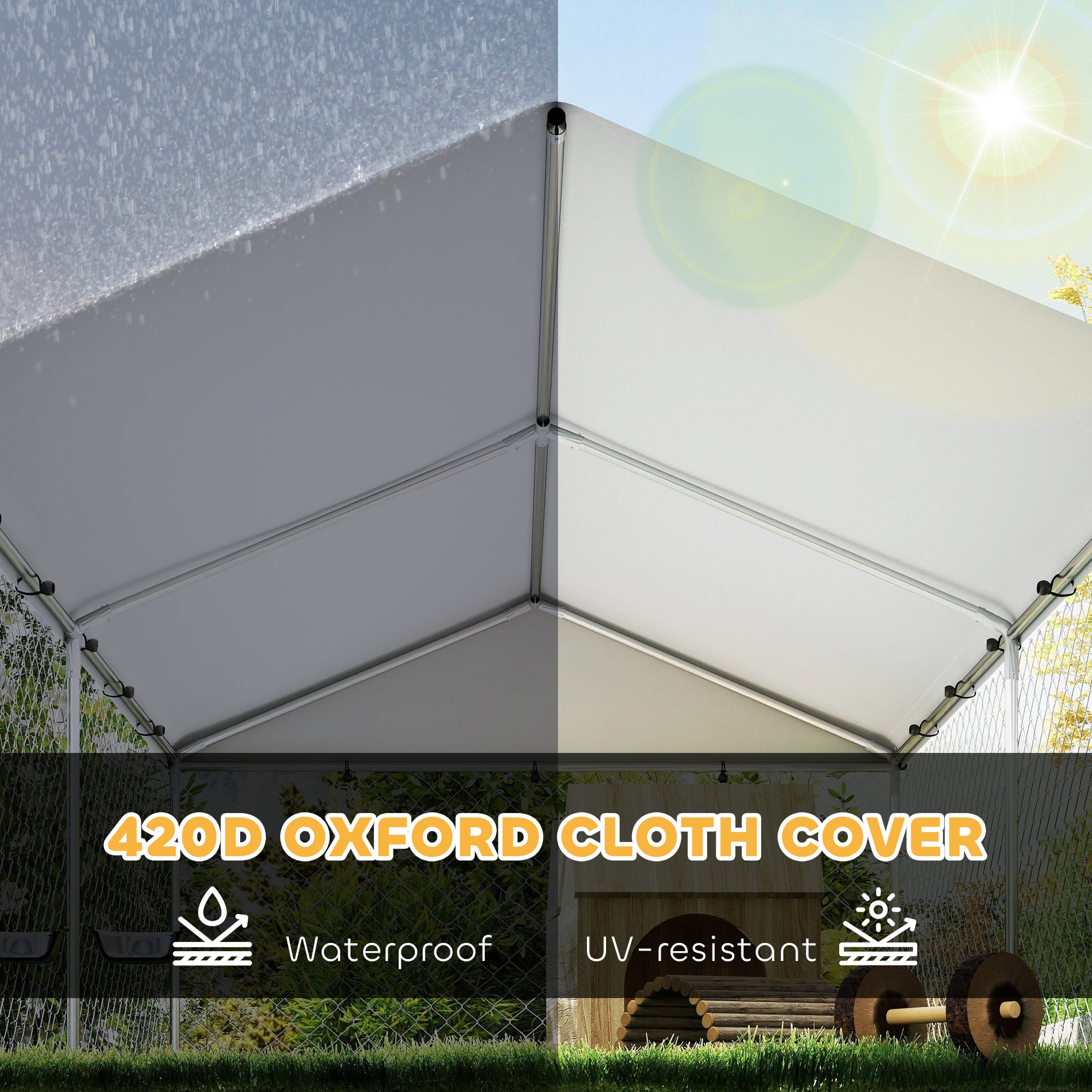 Outdoor Dog Kennel with Roof, Heavy Duty Dog Run Outdoor Fence Cage with Adjustable & Rotating Bowls, Waterproof UV-Resistant Cover, Secure Lock, 13.1' x 7.5' x 5.2'