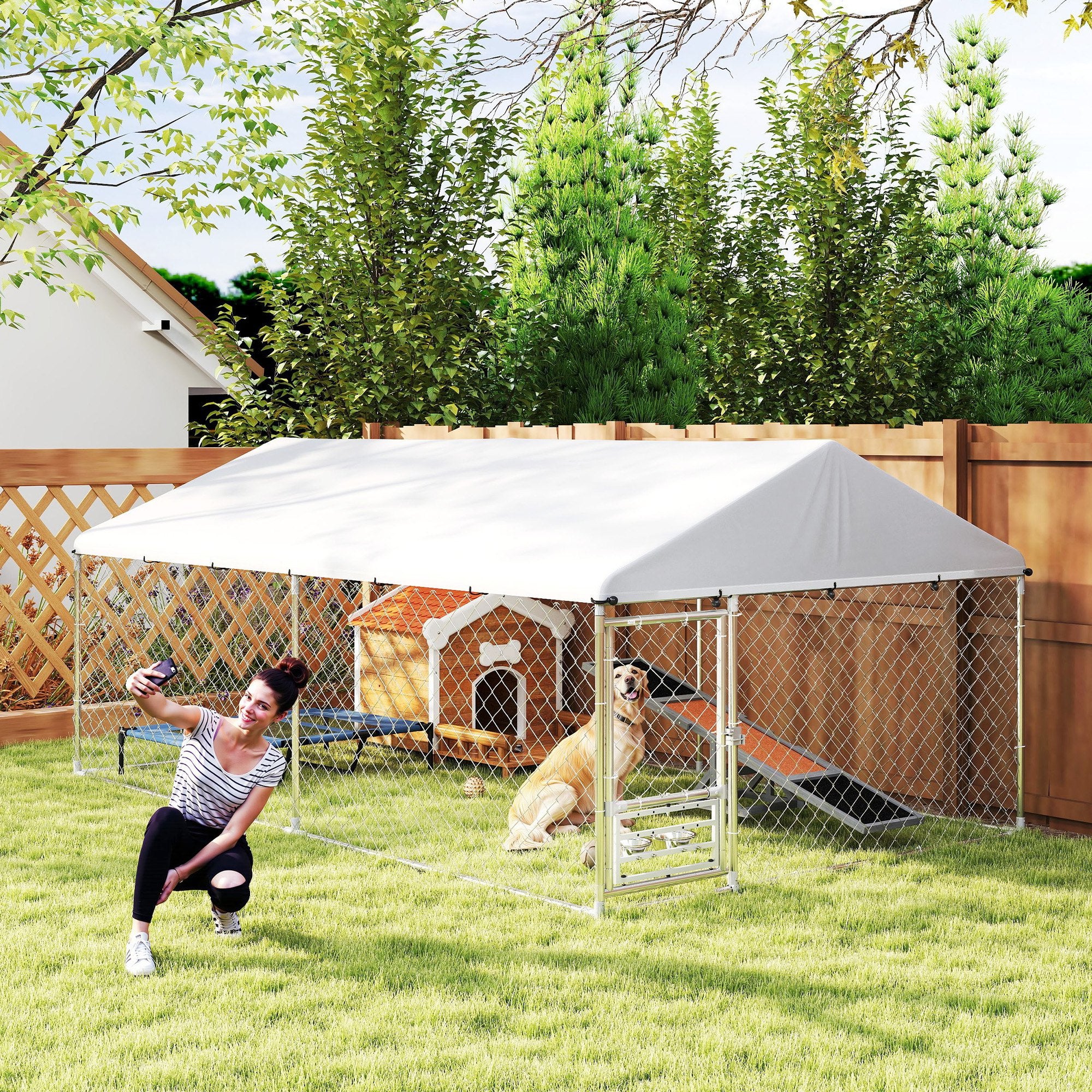 Outdoor Dog Kennel with Roof, Heavy Duty Dog Run Outdoor Fence Cage with Adjustable & Rotating Bowls, Waterproof UV-Resistant Cover, Secure Lock, 13.1' x 7.5' x 5.2'
