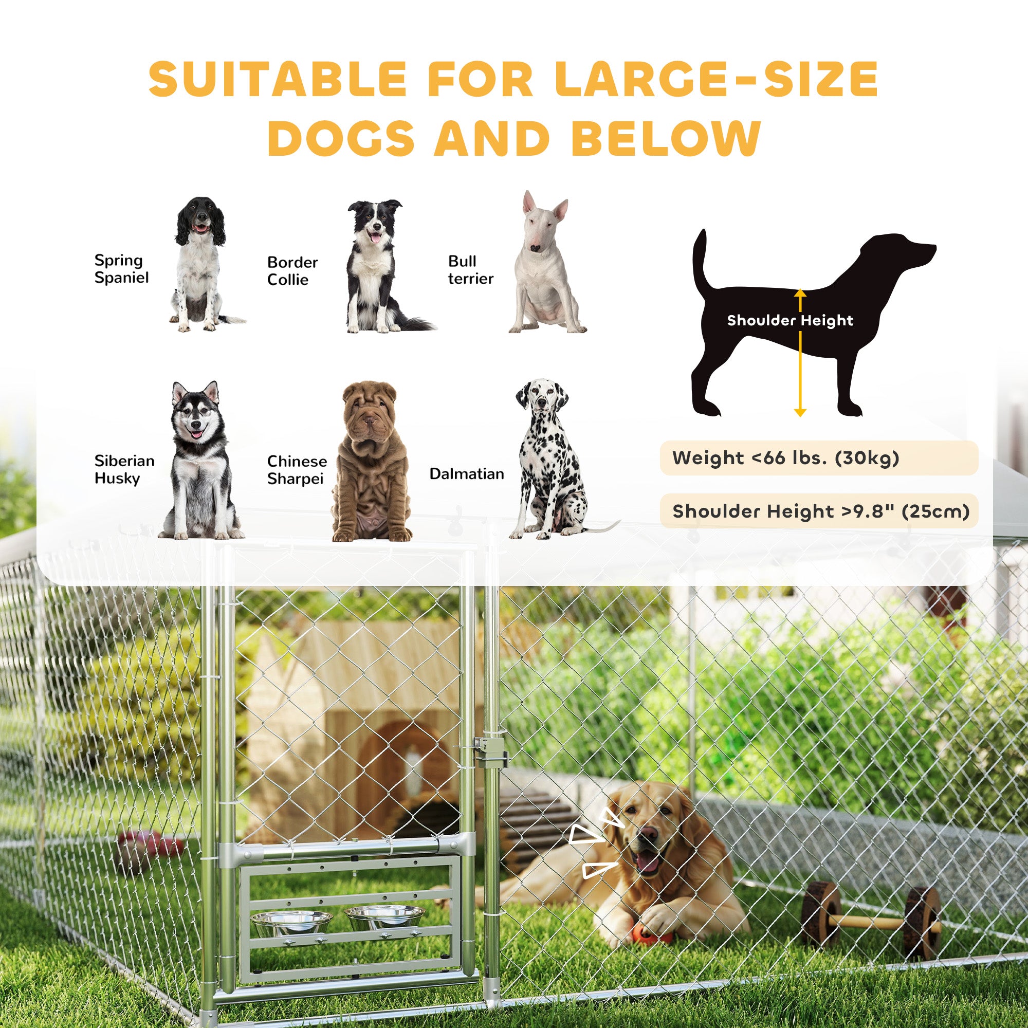 Outdoor Dog Kennel with Roof, Heavy Duty Dog Run Outdoor Fence Cage with Adjustable & Rotating Bowls, Waterproof UV-Resistant Cover, Secure Lock, 13.1' x 7.5' x 5.2'