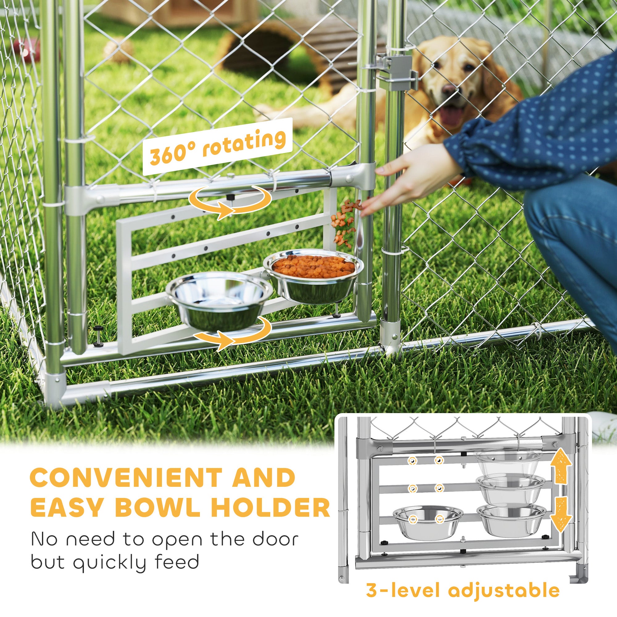 Outdoor Dog Kennel with Roof, Heavy Duty Dog Run Outdoor Fence Cage with Adjustable & Rotating Bowls, Waterproof UV-Resistant Cover, Secure Lock, 13.1' x 7.5' x 5.2'