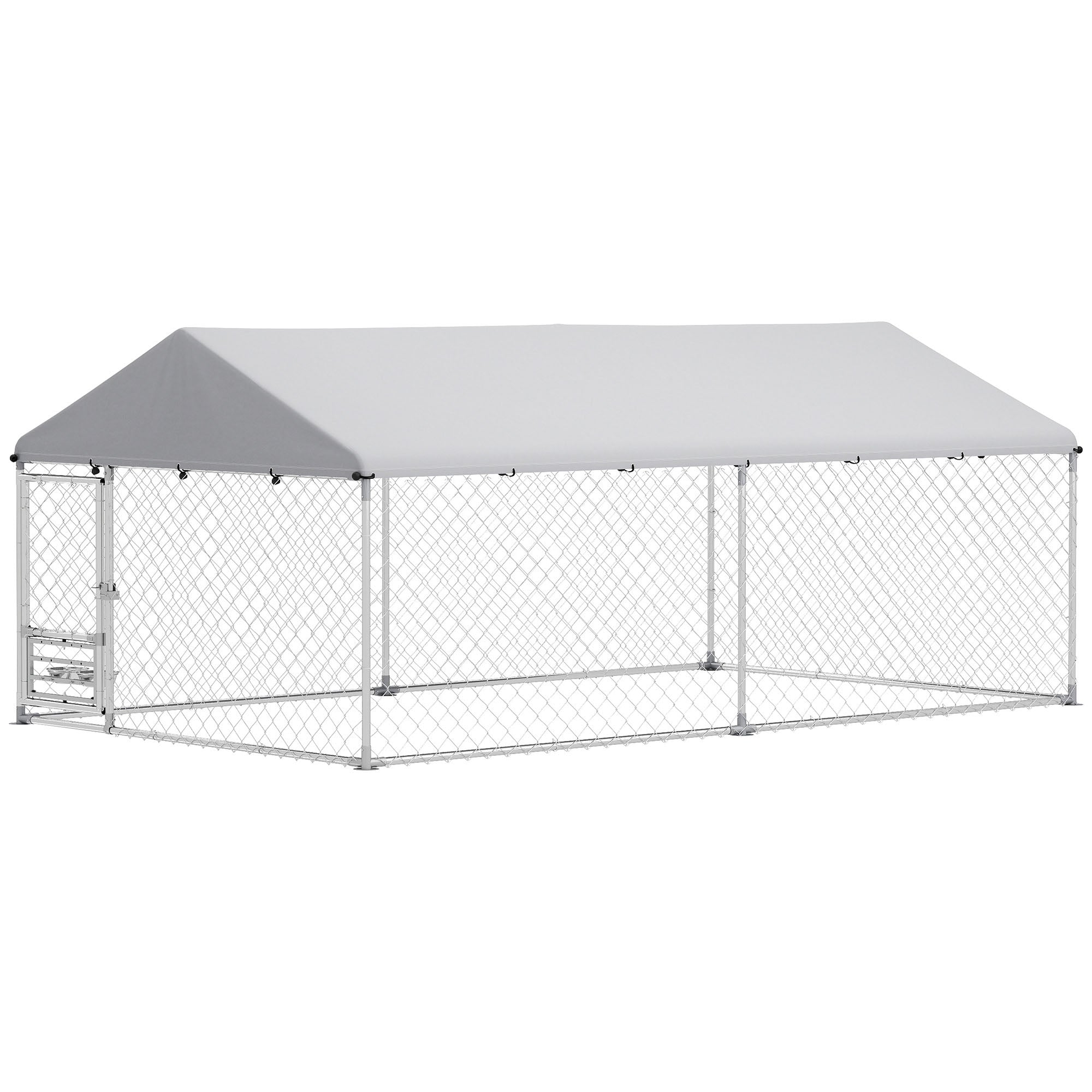 Outdoor Dog Kennel with Roof, Heavy Duty Dog Run Outdoor Fence Cage with Adjustable & Rotating Bowls, Waterproof UV-Resistant Cover, Secure Lock, 13.1' x 7.5' x 5.2'