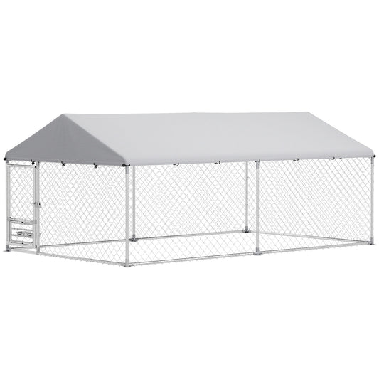 Outdoor Dog Kennel with Roof, Heavy Duty Dog Run Outdoor Fence Cage with Adjustable & Rotating Bowls, Waterproof UV-Resistant Cover, Secure Lock, 13.1' x 7.5' x 5.2'