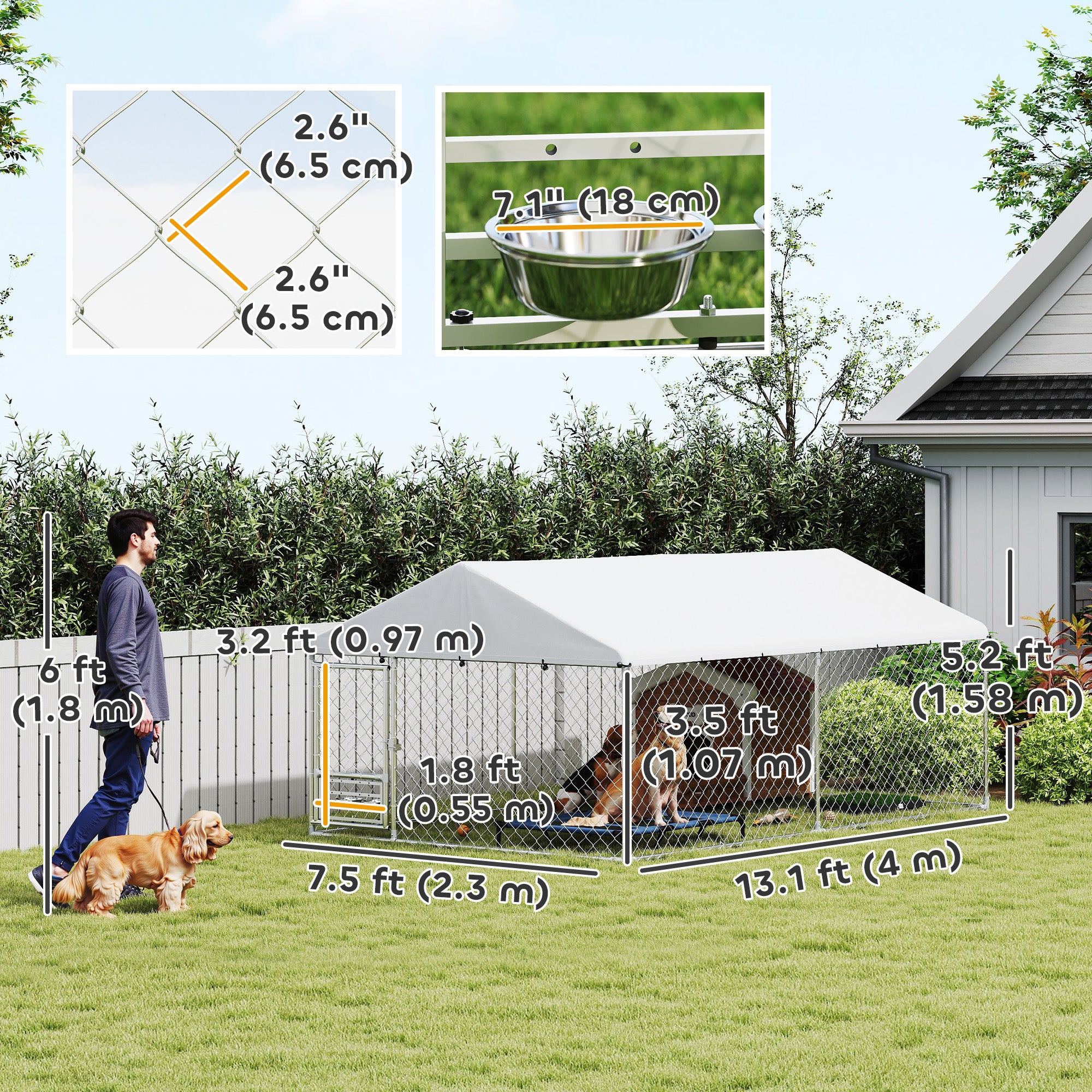 Outdoor Dog Kennel with Roof, Heavy Duty Dog Run Outdoor Fence Cage with Adjustable & Rotating Bowls, Waterproof UV-Resistant Cover, Secure Lock, 13.1' x 7.5' x 5.2'