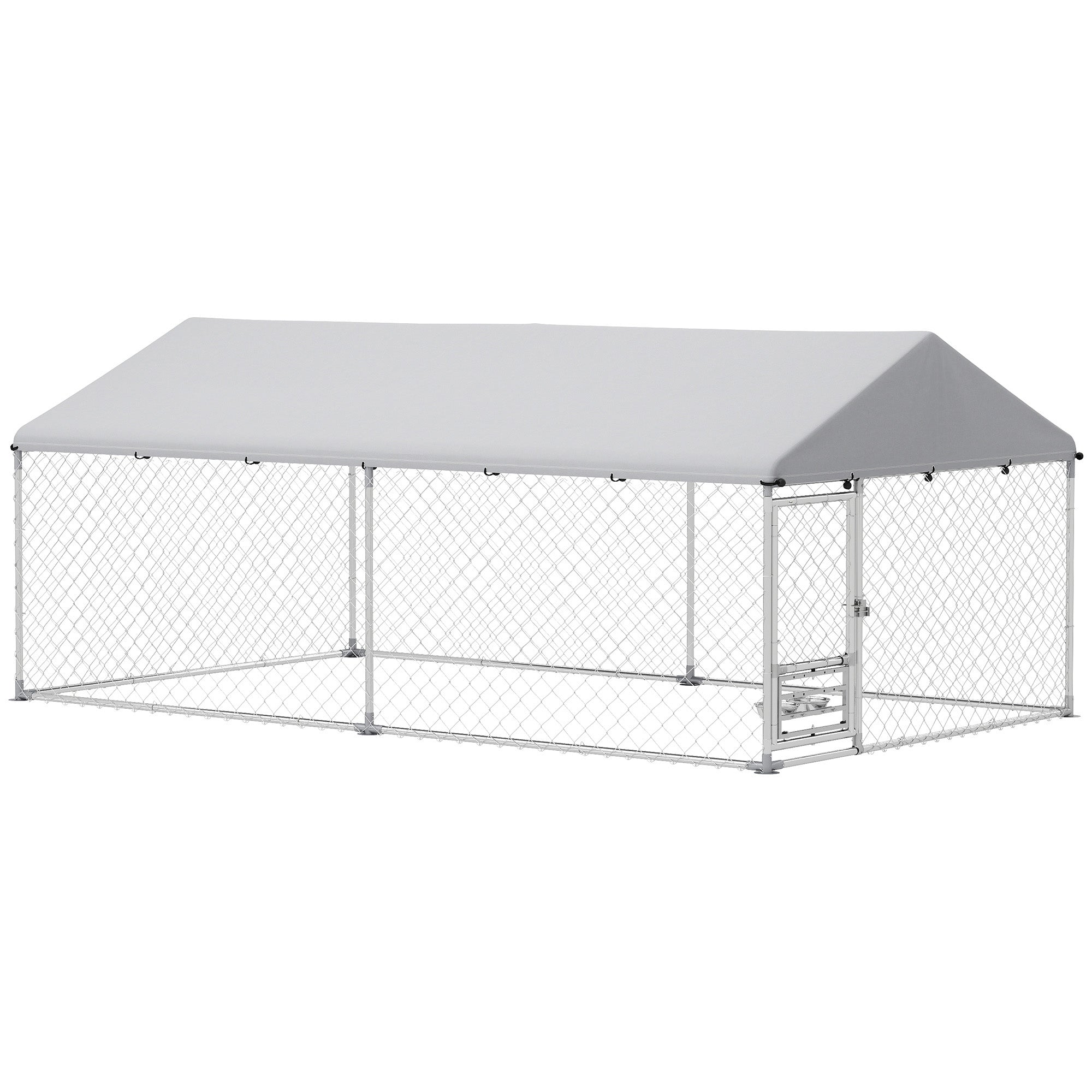 Outdoor Dog Kennel with Roof, Heavy Duty Dog Run Outdoor Fence Cage with Adjustable & Rotating Bowls, Waterproof UV-Resistant Cover, Secure Lock, 13.1' x 7.5' x 5.2'