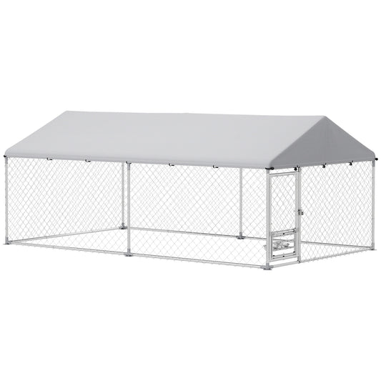 Outdoor Dog Kennel with Roof, Heavy Duty Dog Run Outdoor Fence Cage with Adjustable & Rotating Bowls, Waterproof UV-Resistant Cover, Secure Lock, 13.1' x 7.5' x 5.2'