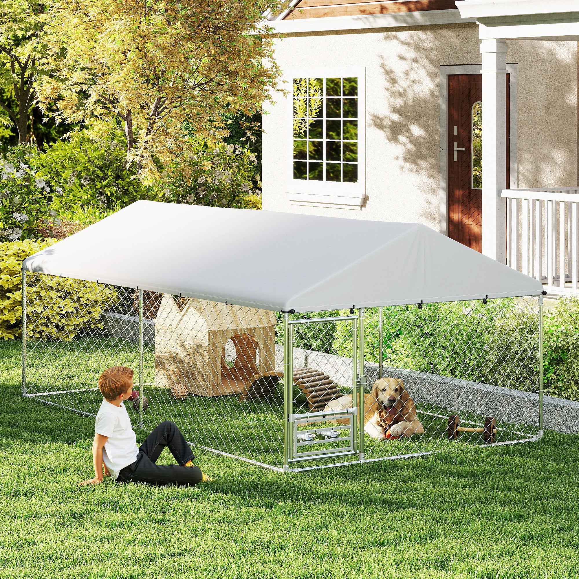 Outdoor Dog Kennel with Roof, Heavy Duty Dog Run Outdoor Fence Cage with Adjustable & Rotating Bowls, Waterproof UV-Resistant Cover, Secure Lock, 13.1' x 7.5' x 5.2'
