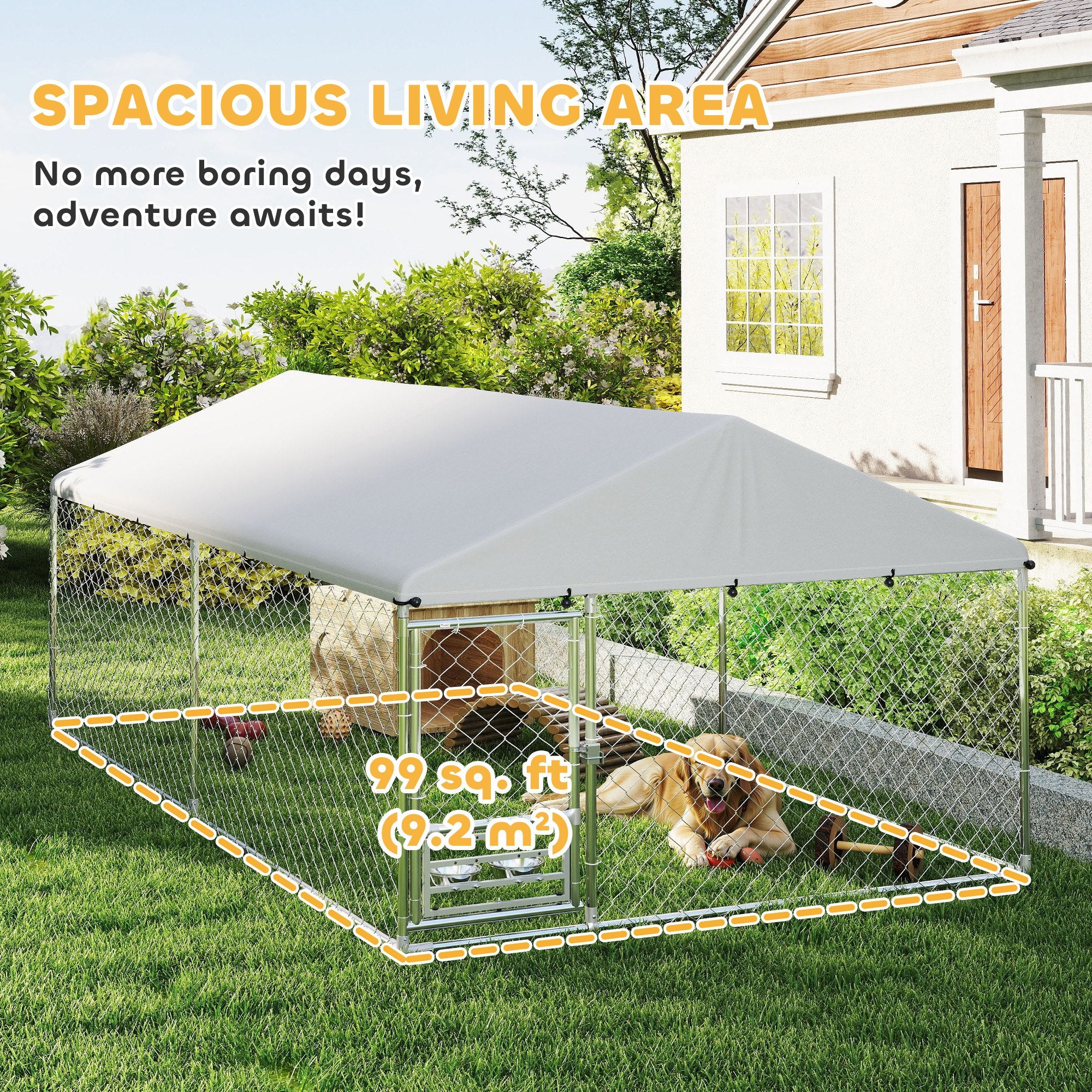 Outdoor Dog Kennel with Roof, Heavy Duty Dog Run Outdoor Fence Cage with Adjustable & Rotating Bowls, Waterproof UV-Resistant Cover, Secure Lock, 13.1' x 7.5' x 5.2'