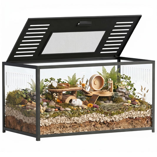 Large Hamster Cage, Chewproof Metal Rat Cage with Deep Base, Openable Top & Excellent Ventilation, Transparent Small Animal Habitat for Syrian Dwarf Hamster, Gerbil, 100 x 50 x 52.5 cm, Black