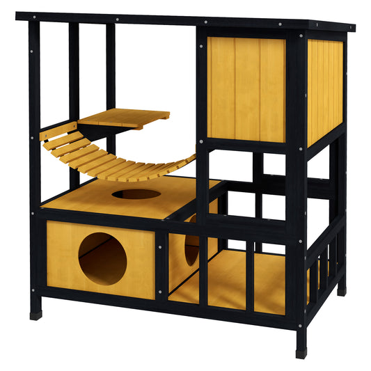 Outdoor Cat House Feral Cat Shelter Wooden Cat House with Suspension Bridge, Condos, Escape Doors, Jumping Platform, Water-Resistant Roof, for 1-2 Cats - Yellow