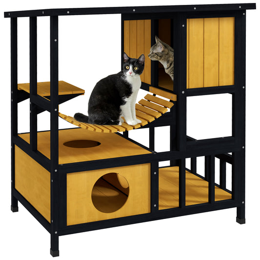 Outdoor Cat House Feral Cat Shelter Wooden Cat House with Suspension Bridge, Condos, Escape Doors, Jumping Platform, Water-Resistant Roof, for 1-2 Cats - Yellow