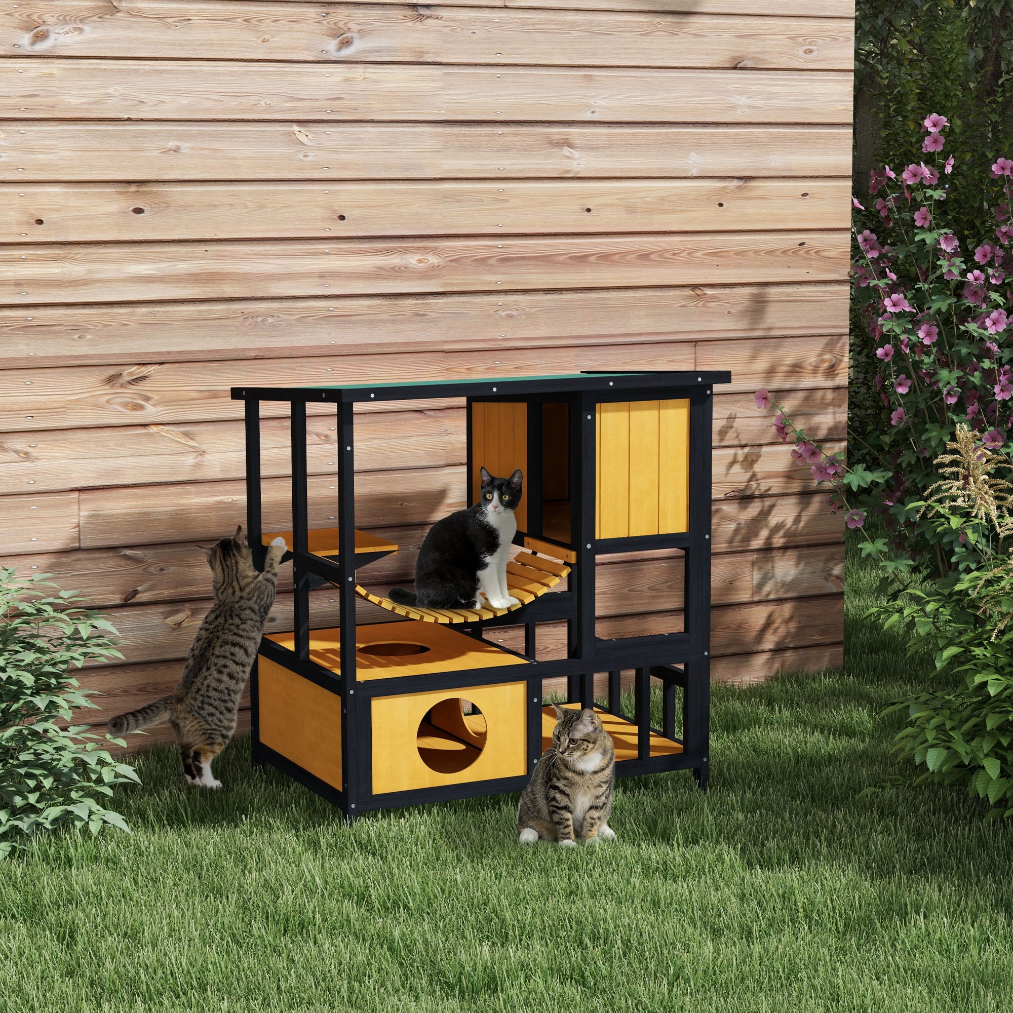 Outdoor Cat House Feral Cat Shelter Wooden Cat House with Suspension Bridge, Condos, Escape Doors, Jumping Platform, Water-Resistant Roof, for 1-2 Cats - Yellow