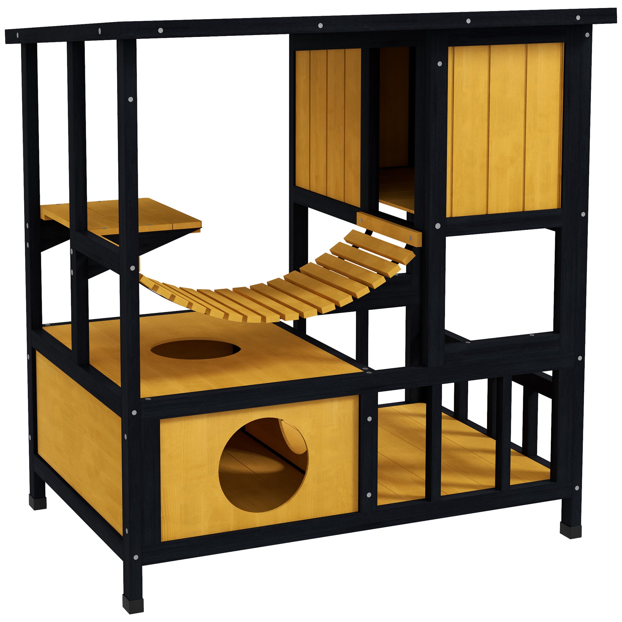 Outdoor Cat House Feral Cat Shelter Wooden Cat House with Suspension Bridge, Condos, Escape Doors, Jumping Platform, Water-Resistant Roof, for 1-2 Cats - Yellow
