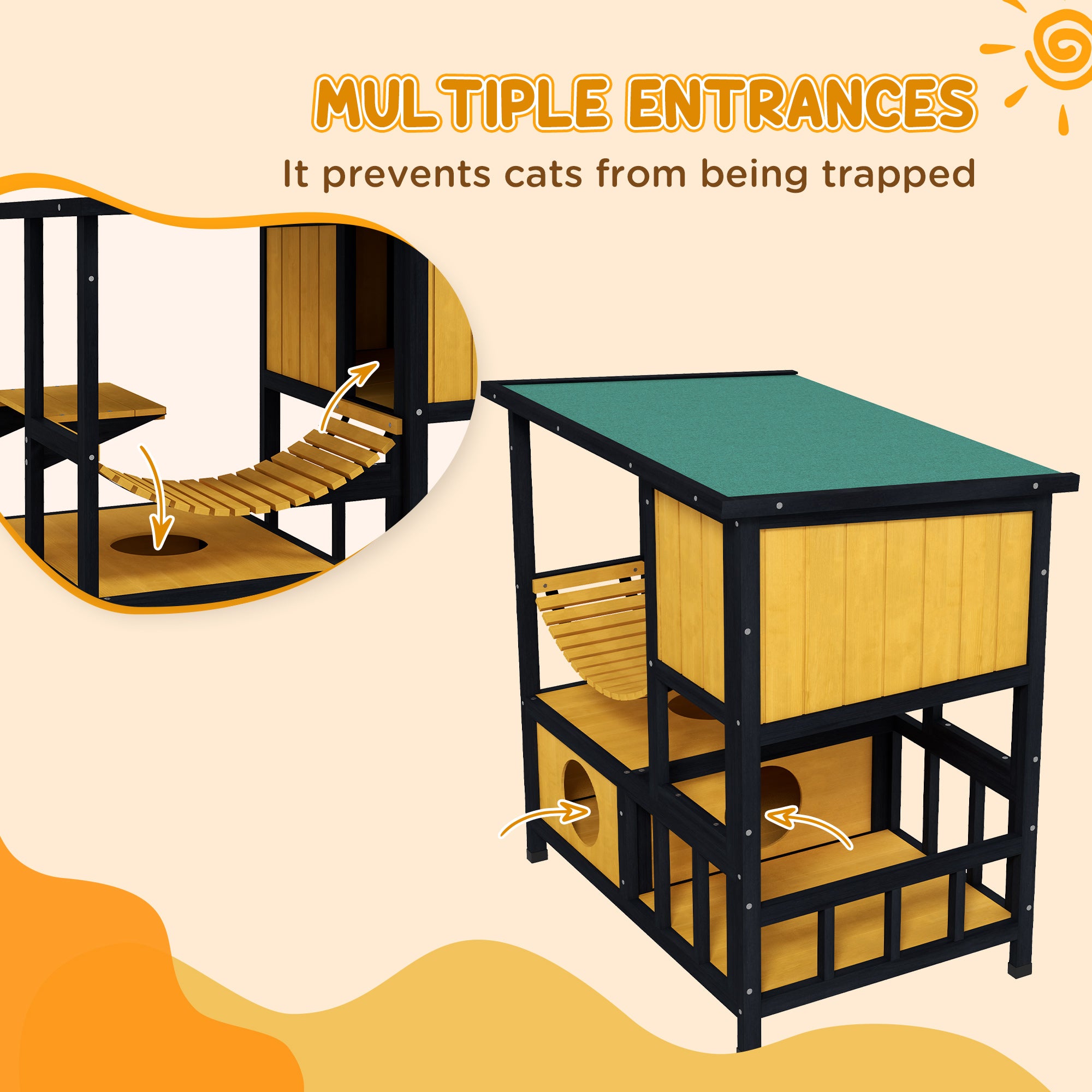 Outdoor Cat House Feral Cat Shelter Wooden Cat House with Suspension Bridge, Condos, Escape Doors, Jumping Platform, Water-Resistant Roof, for 1-2 Cats - Yellow