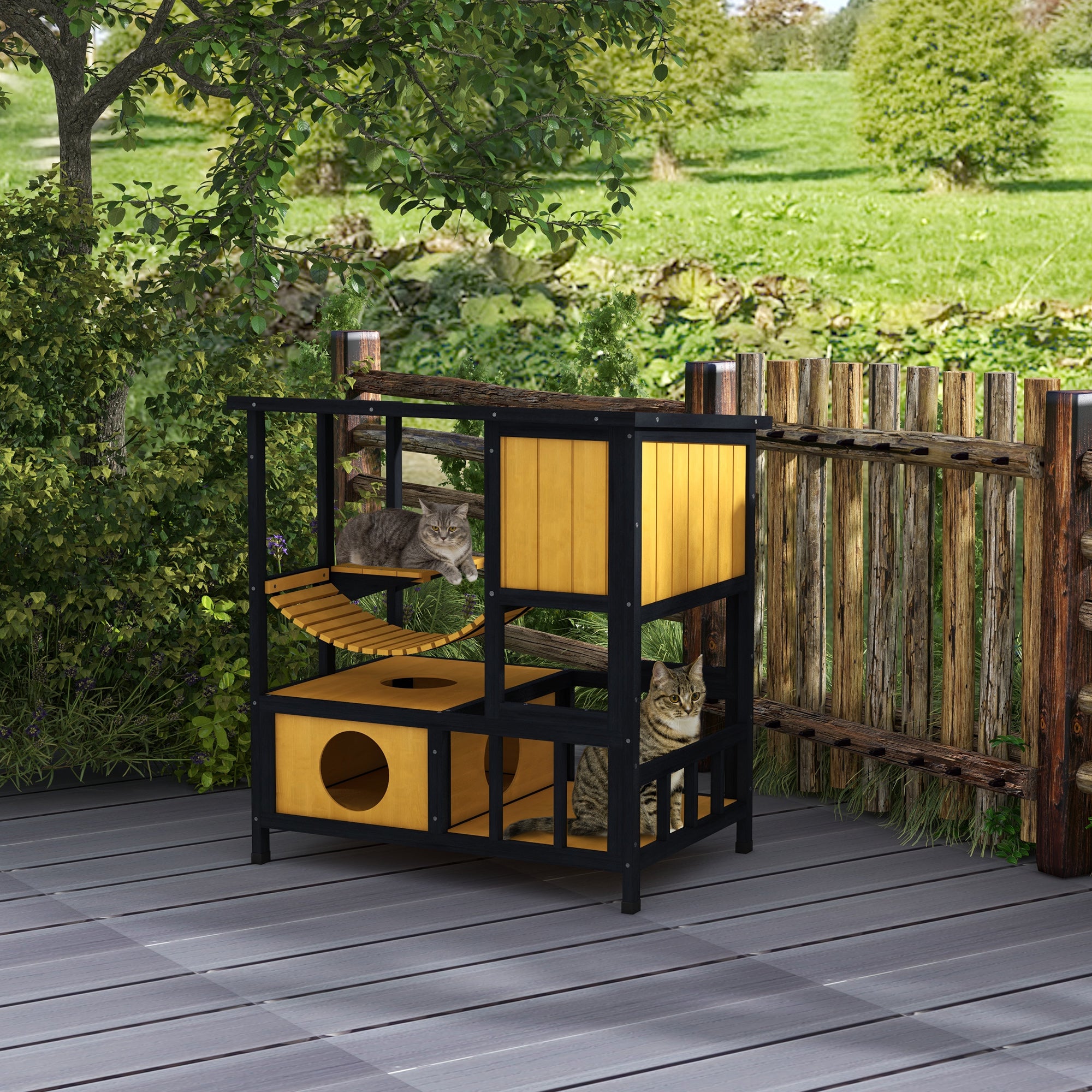 Outdoor Cat House Feral Cat Shelter Wooden Cat House with Suspension Bridge, Condos, Escape Doors, Jumping Platform, Water-Resistant Roof, for 1-2 Cats - Yellow