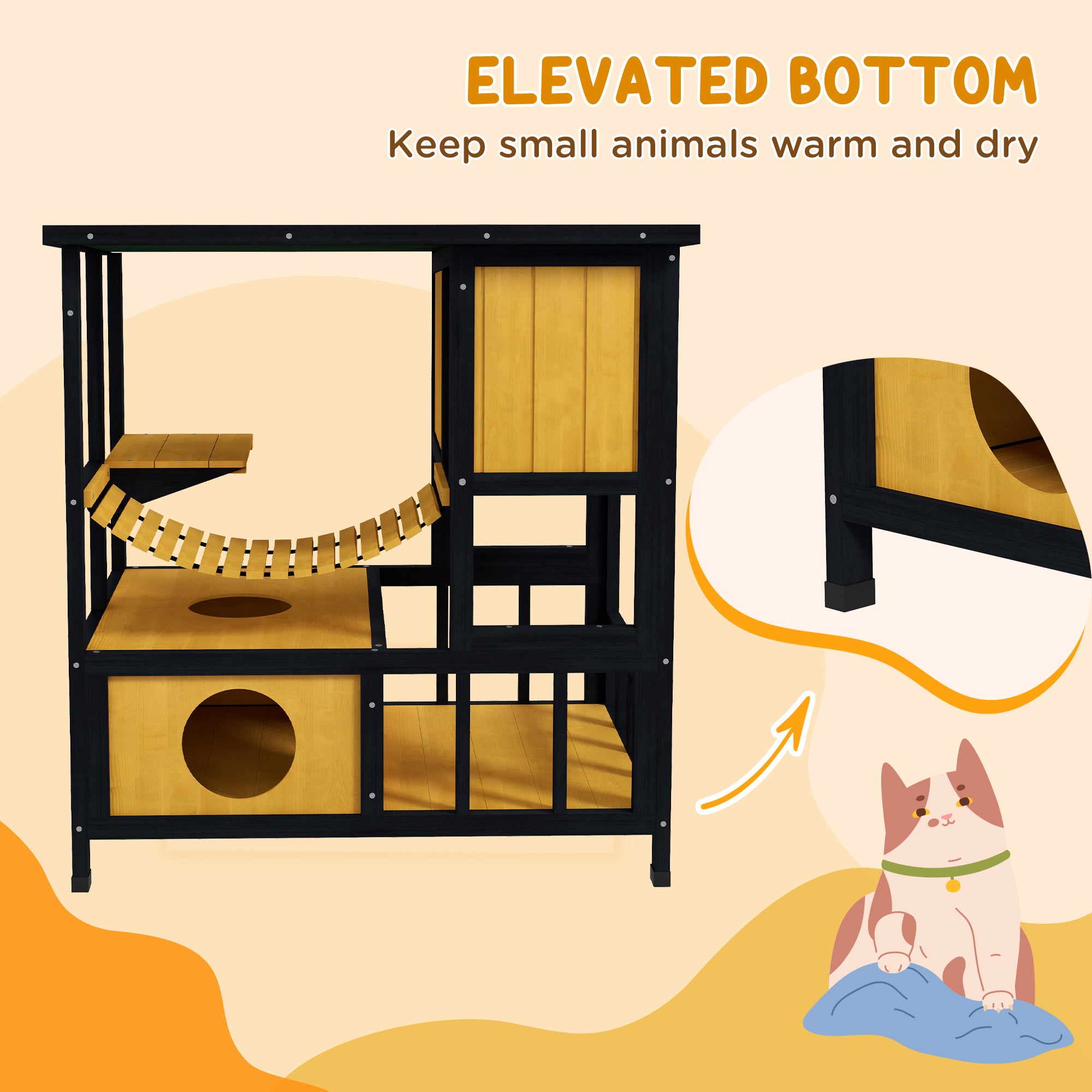 Outdoor Cat House Feral Cat Shelter Wooden Cat House with Suspension Bridge, Condos, Escape Doors, Jumping Platform, Water-Resistant Roof, for 1-2 Cats - Yellow