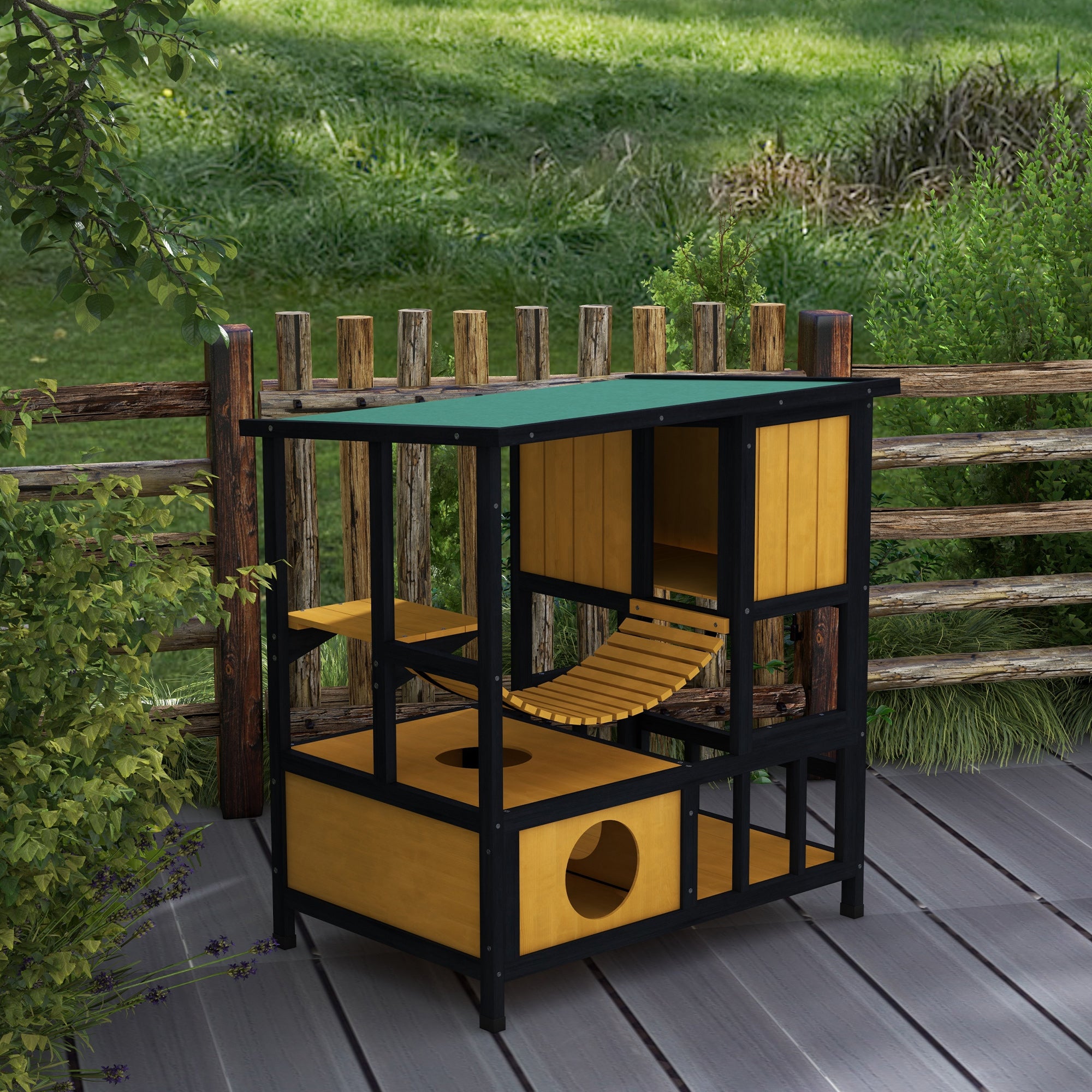 Outdoor Cat House Feral Cat Shelter Wooden Cat House with Suspension Bridge, Condos, Escape Doors, Jumping Platform, Water-Resistant Roof, for 1-2 Cats - Yellow