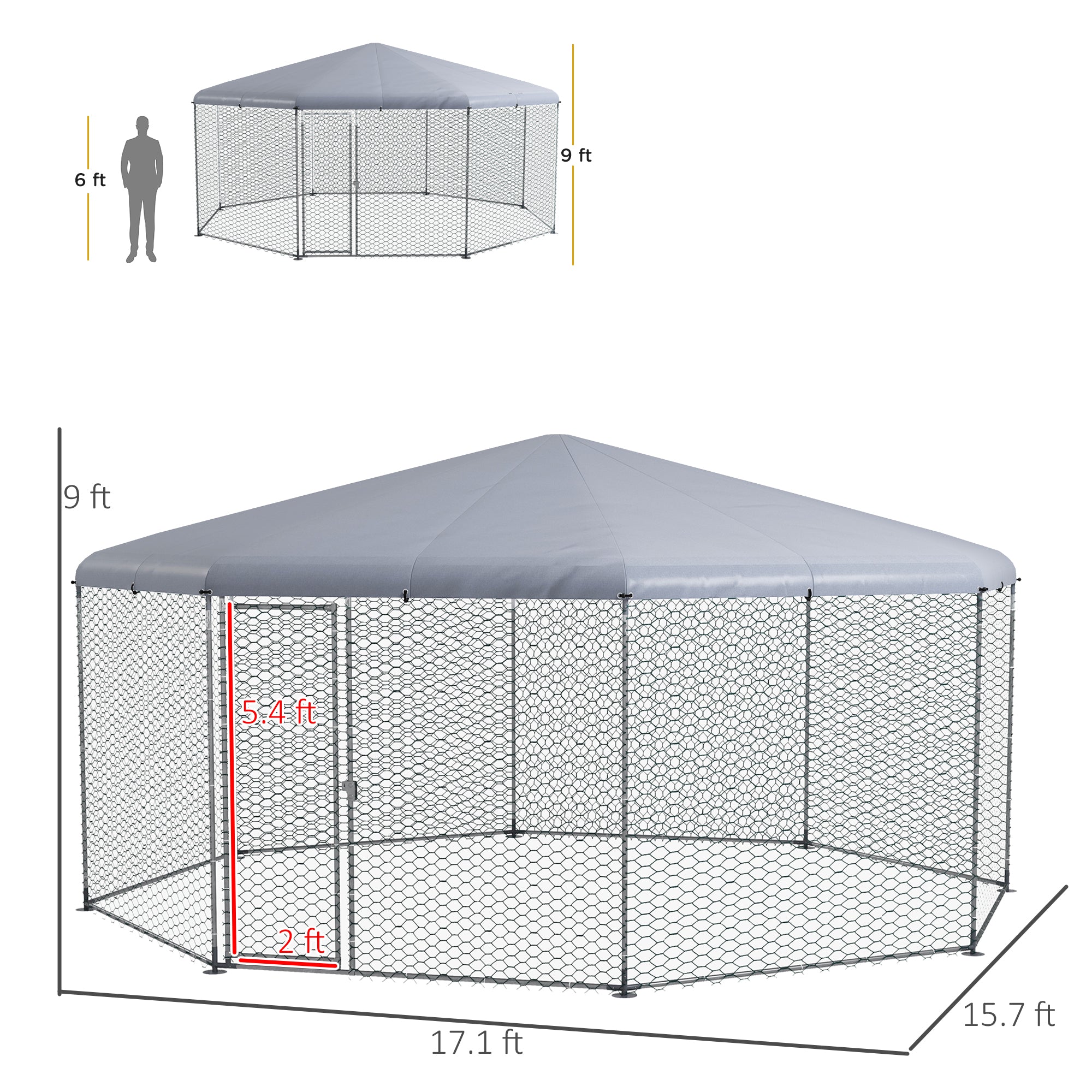 Large Chicken Coop Metal Chicken Run for Chickens with Waterproof and Anti-UV Cover, Polygon Shaped Walk in Fence Cage Hen House for Outdoor and Yard Farm Use, 1" Dia, 17.1' x 15.7' x 9'