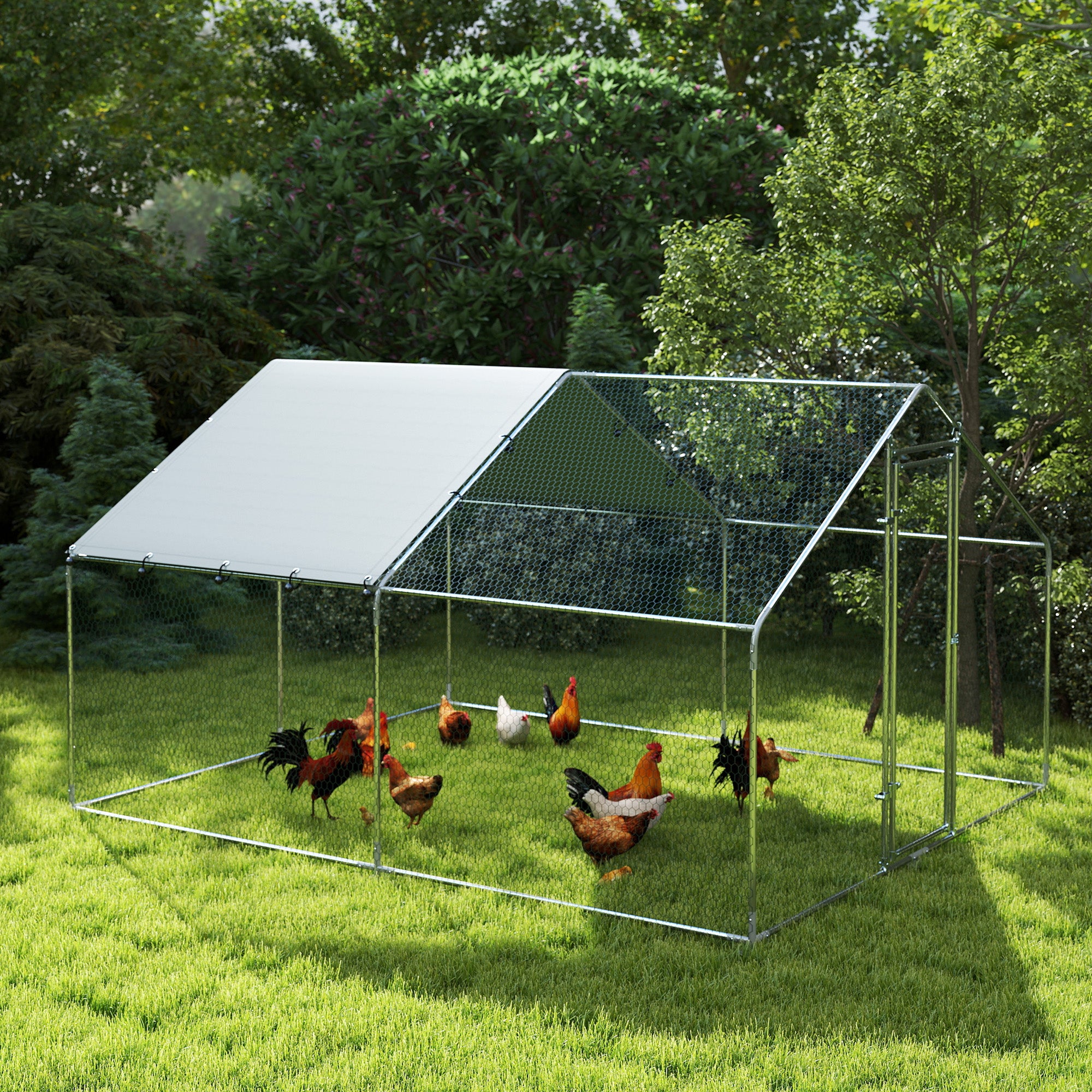 Metal Chicken Coop, 9.8 x 11.2 FT Walk-in Chicken Run with Weatherproof UV Cover, Lockable Door, Large Outdoor Poultry Cage for 10-15 Chickens, for Farm Yard Garden, Silver