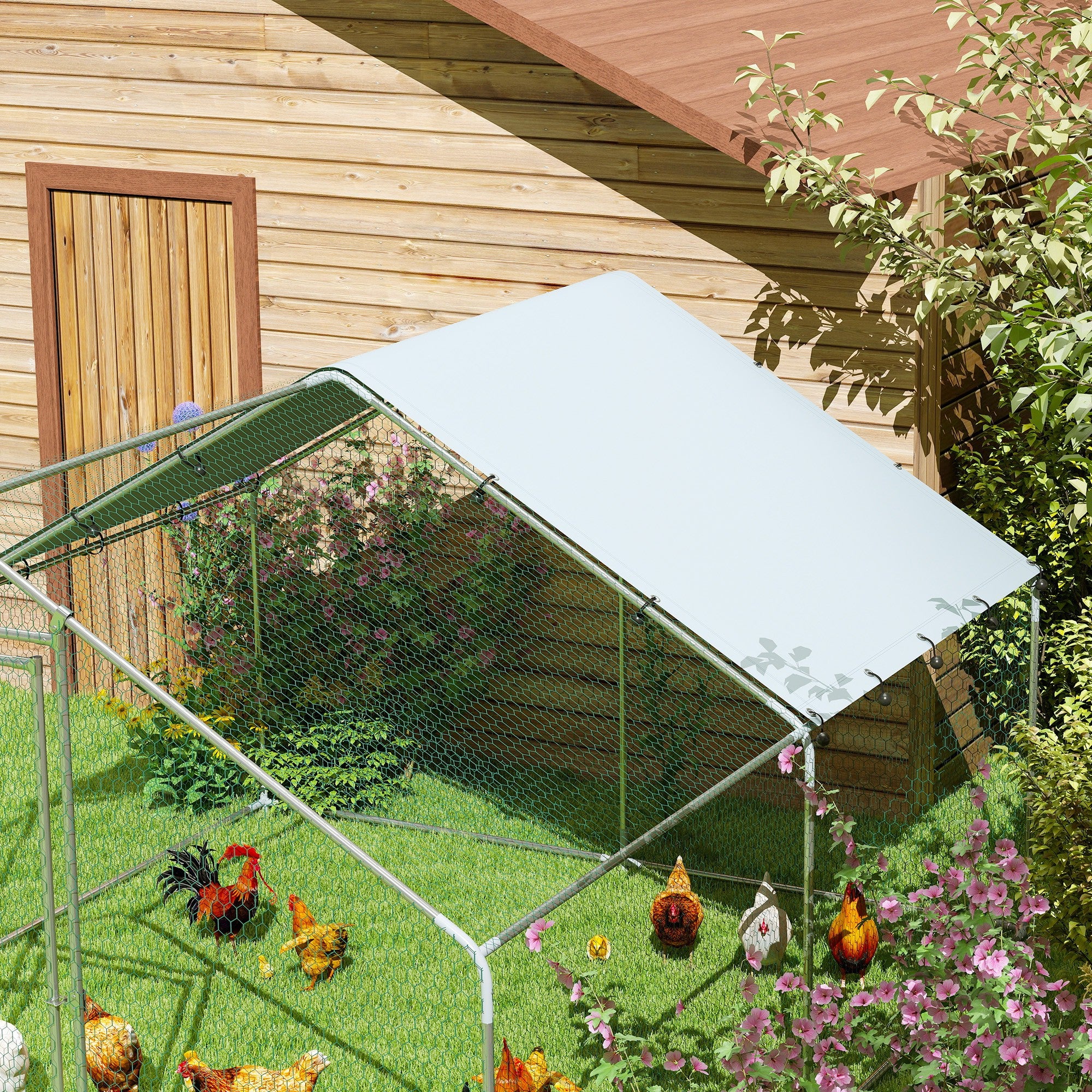 Metal Chicken Coop, 9.8 x 11.2 FT Walk-in Chicken Run with Weatherproof UV Cover, Lockable Door, Large Outdoor Poultry Cage for 10-15 Chickens, for Farm Yard Garden, Silver
