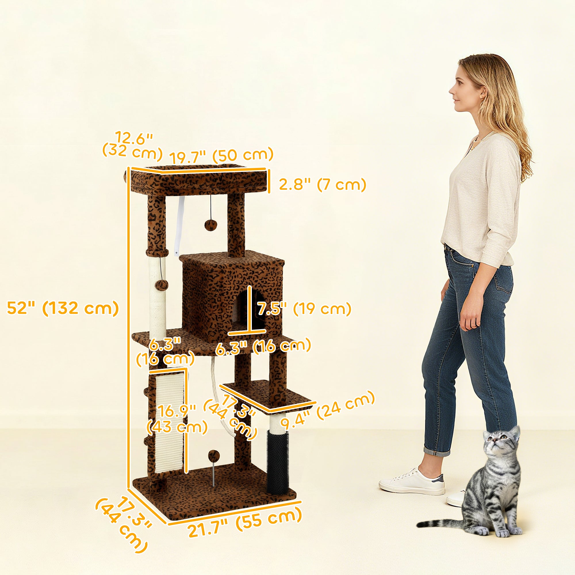 Cat Tree for Large Cat Adults, 52 Inch Cat Tower for Indoor Cats w/ Scratching Posts, Cat Bed, Condo, Jumping Platforms, Toy Balls, Anti-tip Kit, Leopard Print