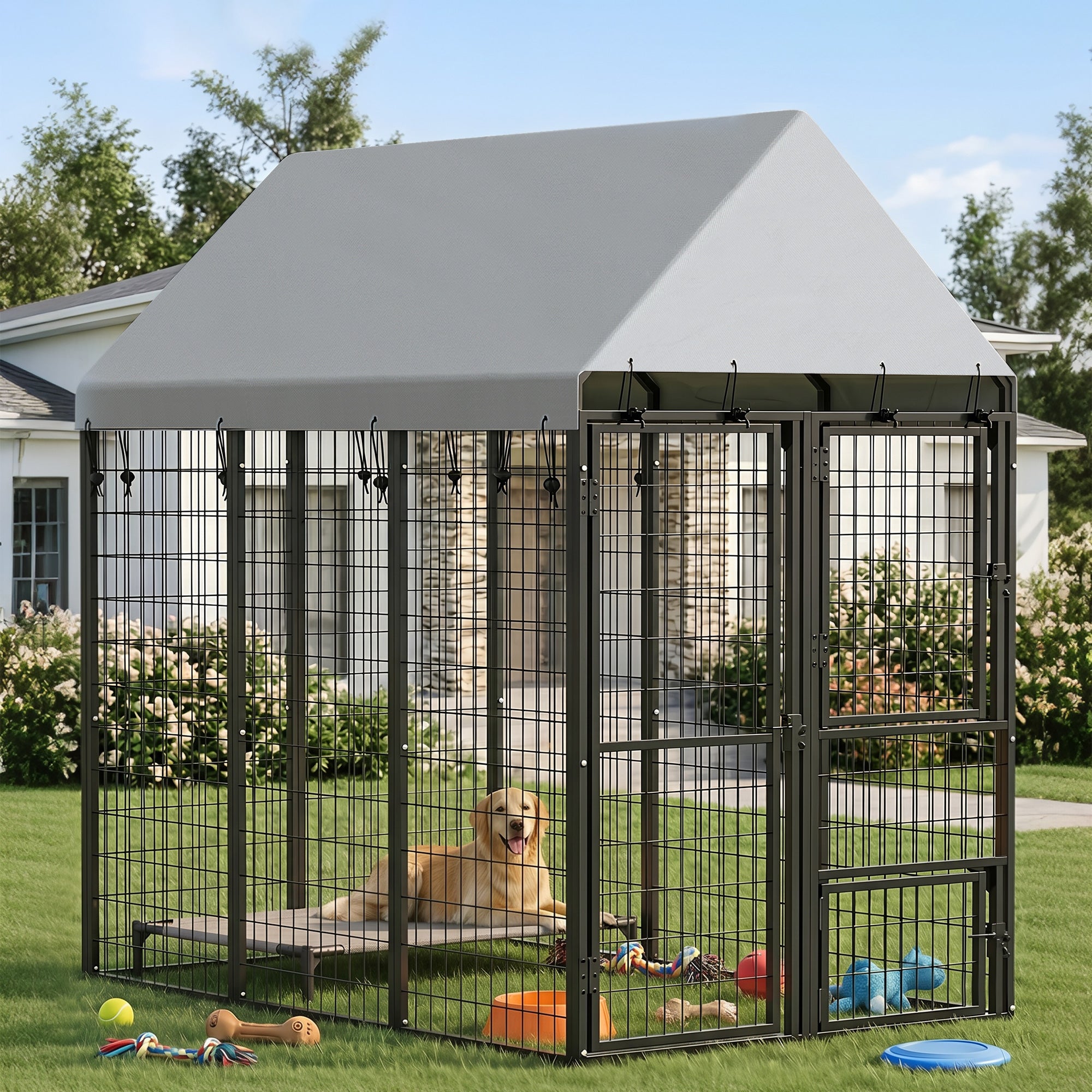 Large Dog Kennel Outdoor with Roof, 3 Doors, Expandable Heavy Duty Dog Kennel Outside Run Enclosure with Secure Lock, Removable Door, for Small Medium Large Pets, Chickens, Ducks, 6' x 4' x 6'