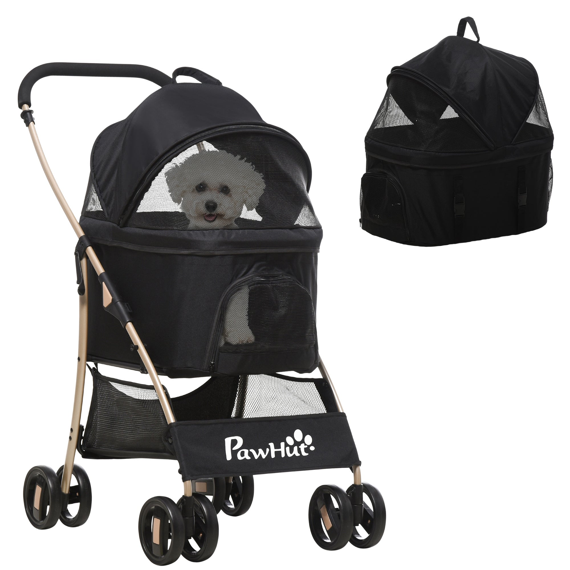 Dog Pram Dog Stroller 3 in 1 Pet Pushchair Detachable Design with Universal Wheels, Brake for Small Miniature Dogs - Black
