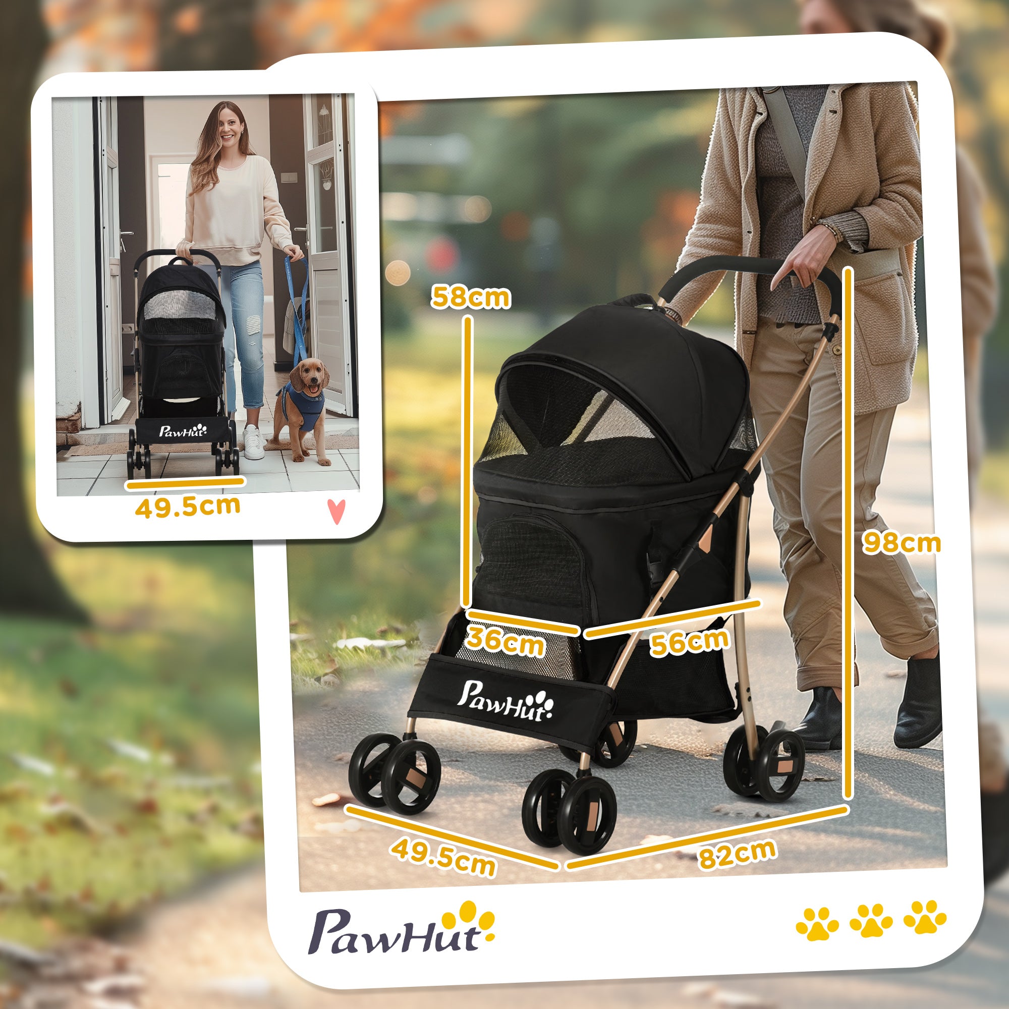 Dog Pram Dog Stroller 3 in 1 Pet Pushchair Detachable Design with Universal Wheels, Brake for Small Miniature Dogs - Black