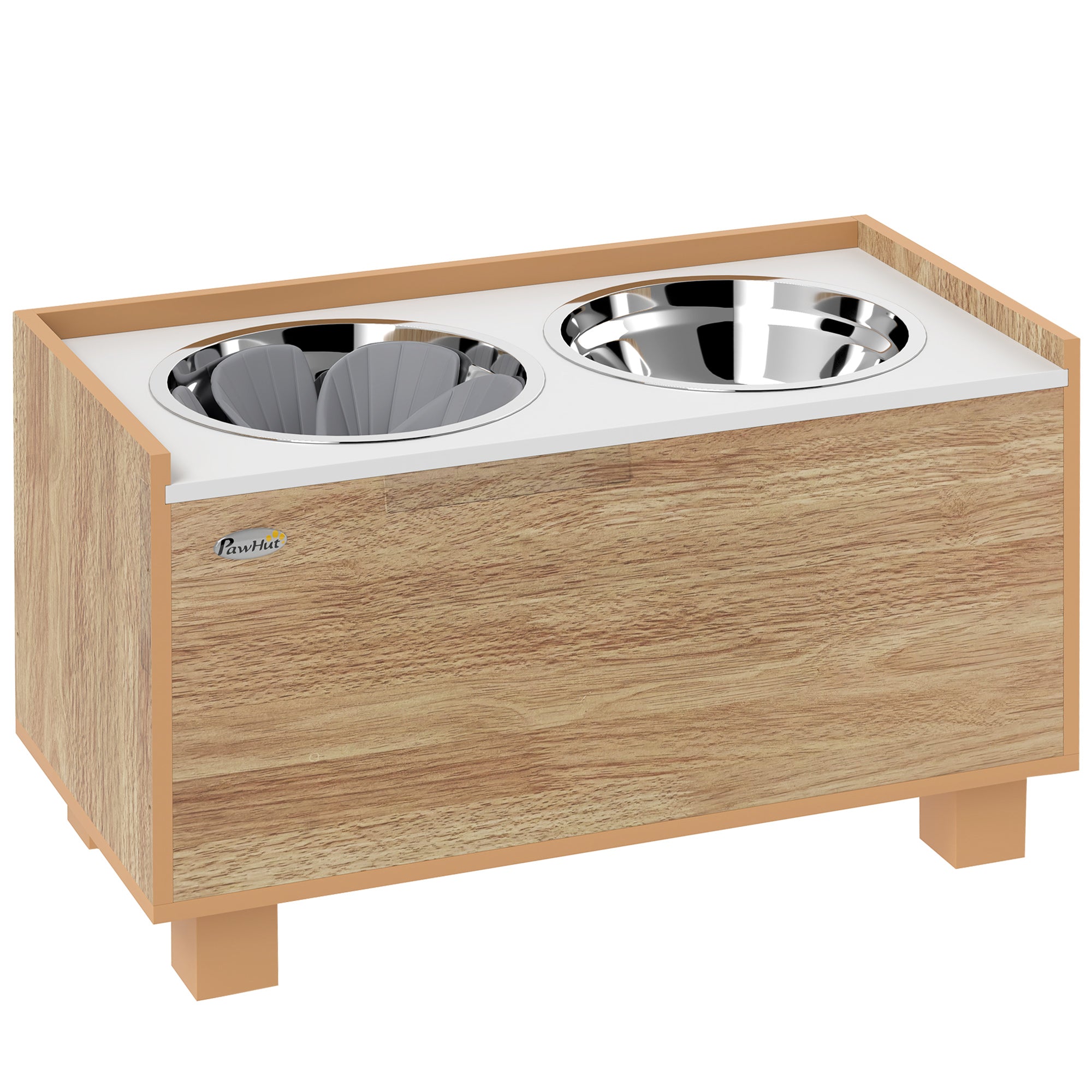 PawHut Dog Bowl Stand with Elevated Slow Feeder, Storage for Large Dogs, Oak