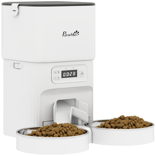 Automatic Cat Feeder with 2 Stainless Steel Bowls, 4L Pet Food Dispenser with Portion Control for 1–6 Meals Daily, Anti-Clogging Design, Dual Power Supply